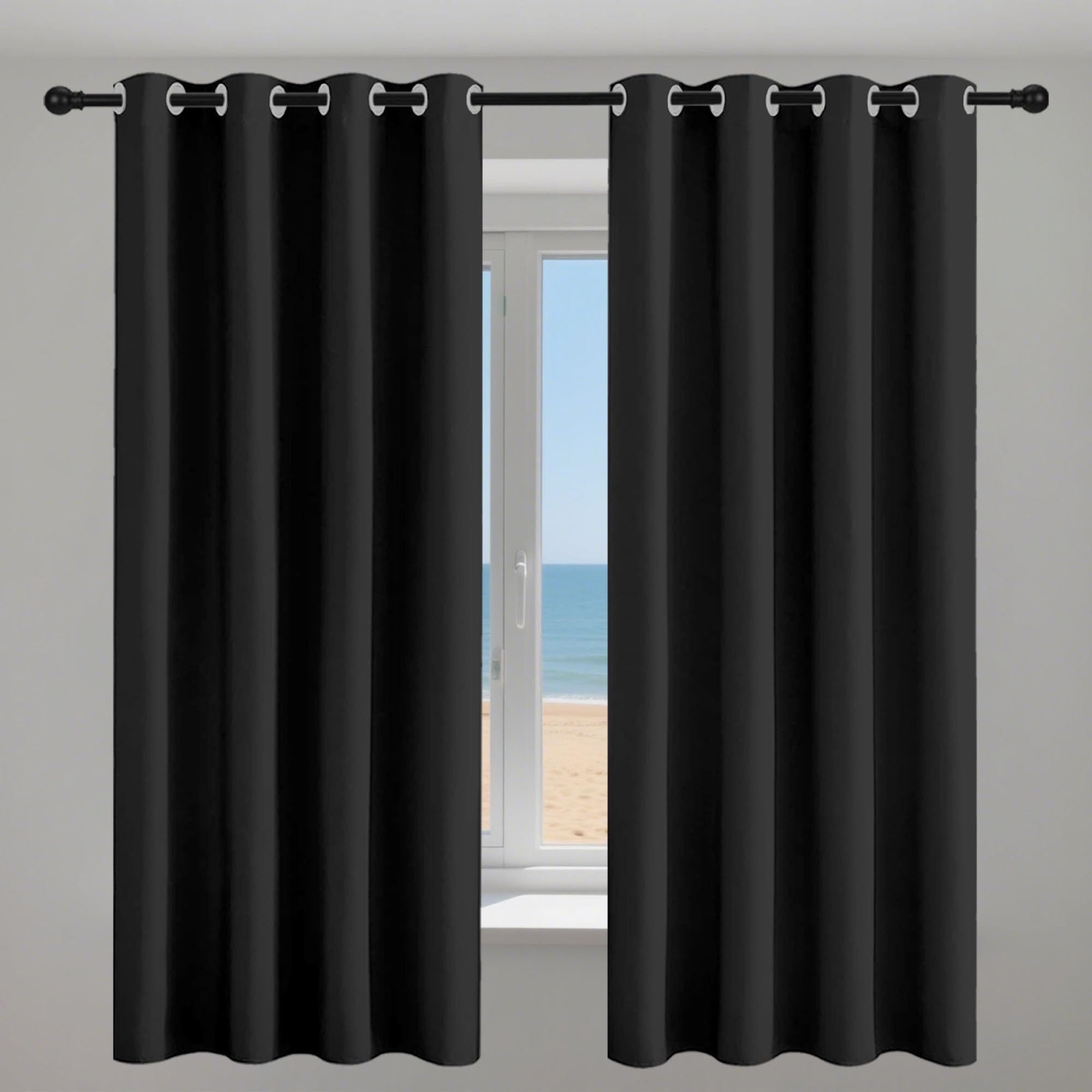 GOUBAN Blackout Curtains Home 228 x 150 cm Drop Thermal Insulated Super Soft Eyelet Curtains for Living Room for Small Windows Kitchen Bedroom, Black