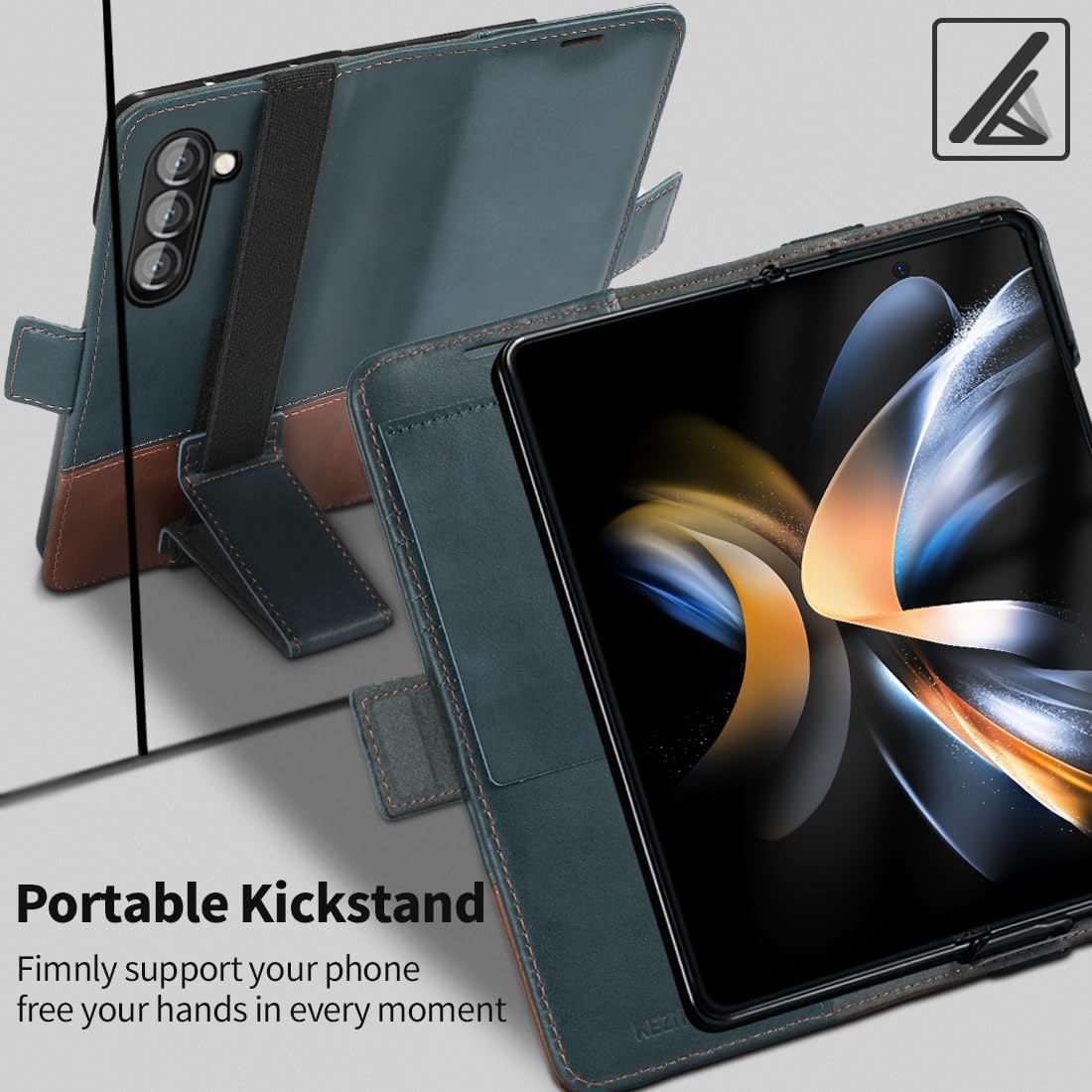 KEZiHOME for Samsung Galaxy Z Fold 5 Case, Genuine Leather Wallet Case [RFID Blocking] with Card Holder Stand Shockproof Protective Phone Flip Cover Compatible with Galaxy Z Fold 5 Navy Blue