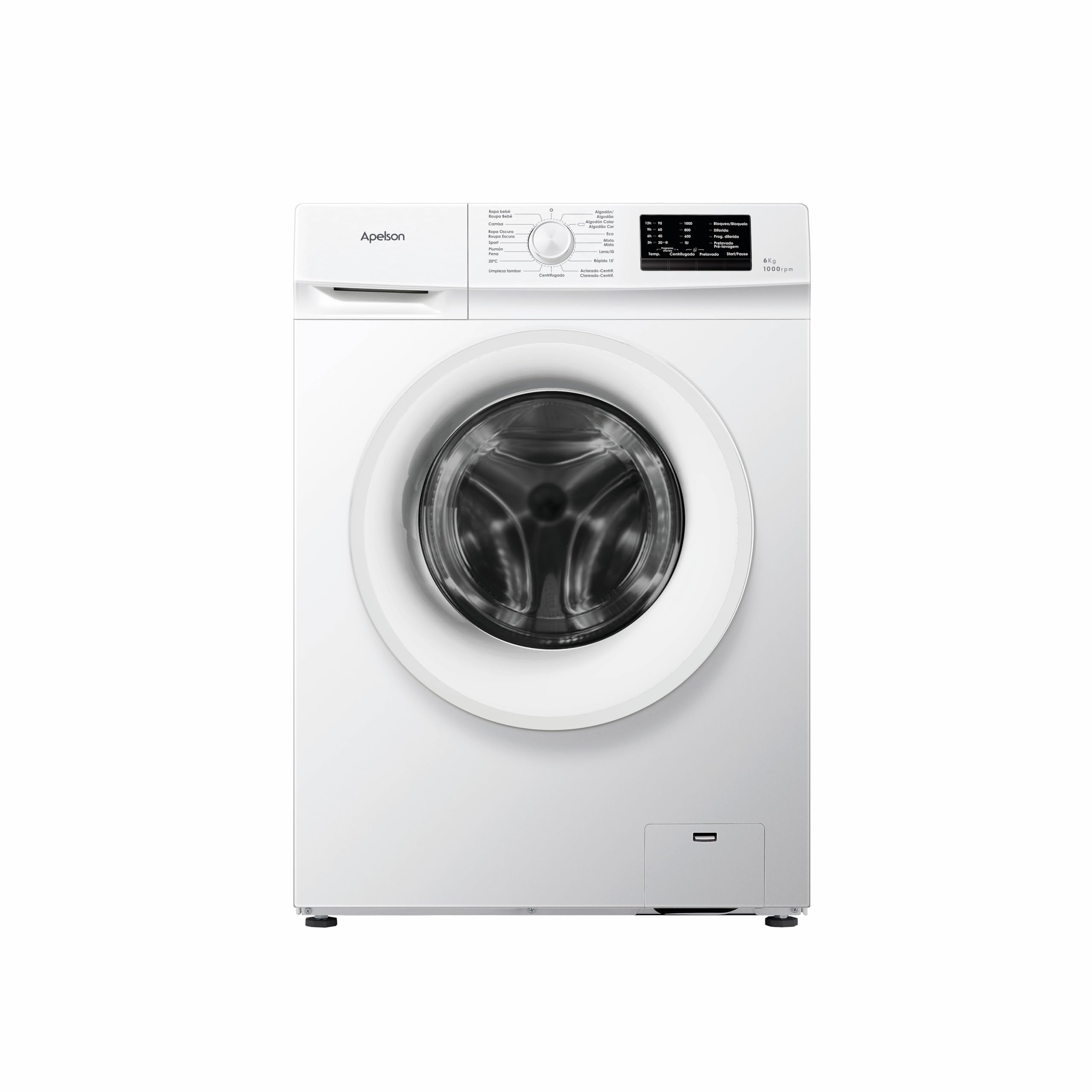 Apelson Lavadora de Carga Frontal AWM 6000 WH, 6 kg, 1000 rpm, 15 Programas de Lavado, Inicio Diferido hasta 12 h, Programas Rápido 15 min y Bebé, Libre Instalación, Color Blanco