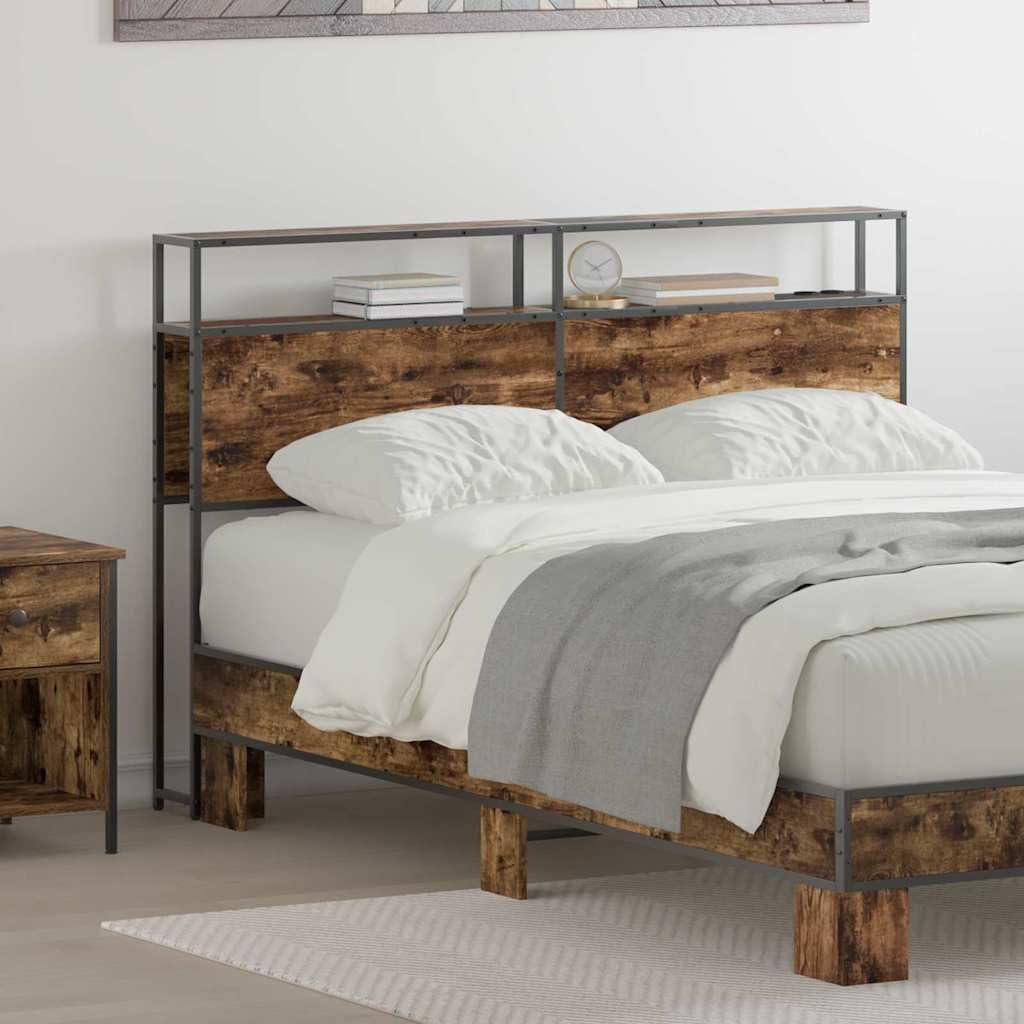Zagłówek z regałem, dąb wędzony, 120 cm, materiał drewnopochodny, nowoczesny zagłówek łóżka, pełny rozmiar, ze stacją ładującą, wytrzymała drewniana rama