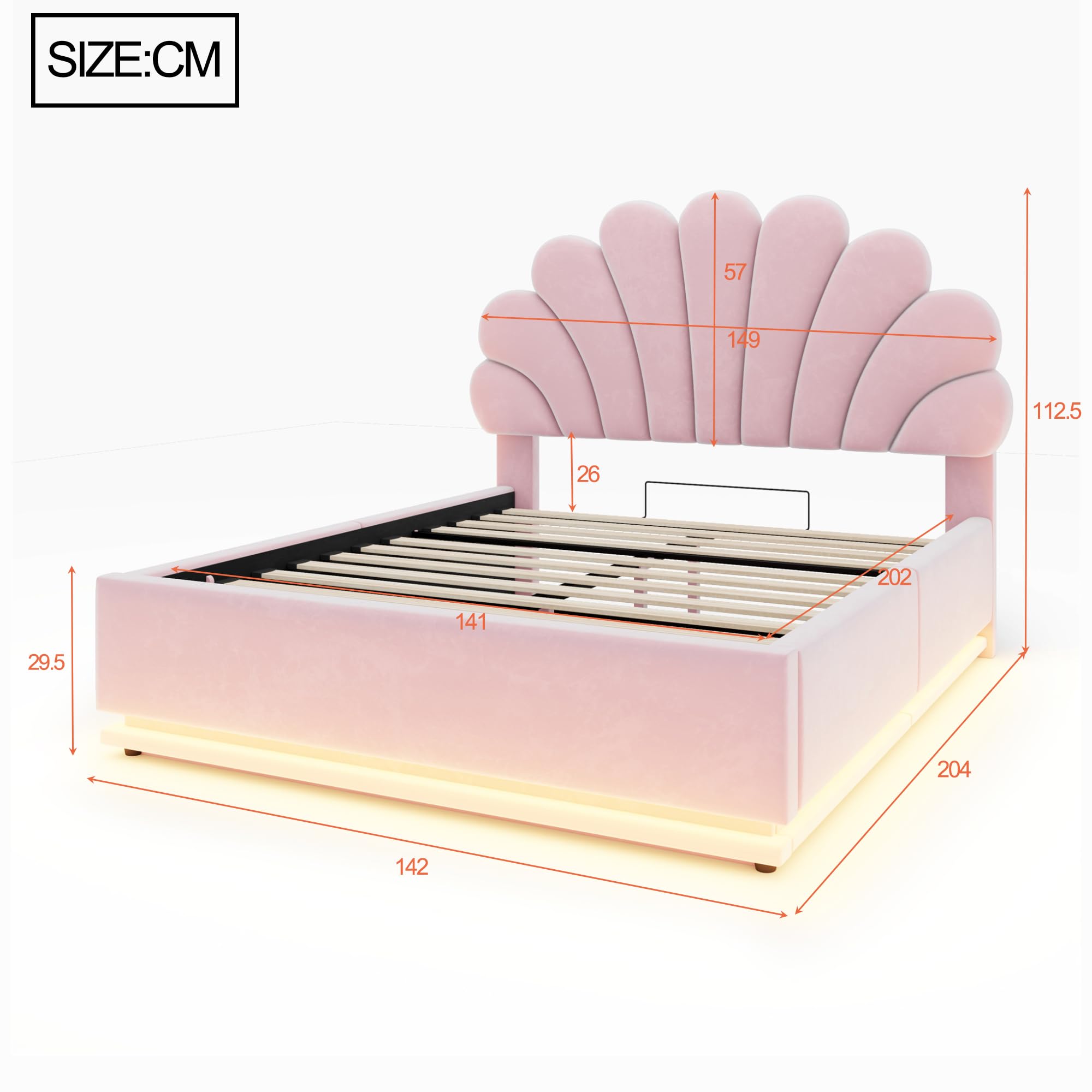 letto matrimoniale con contenitore idraulico,LED,140x200cm,rosa