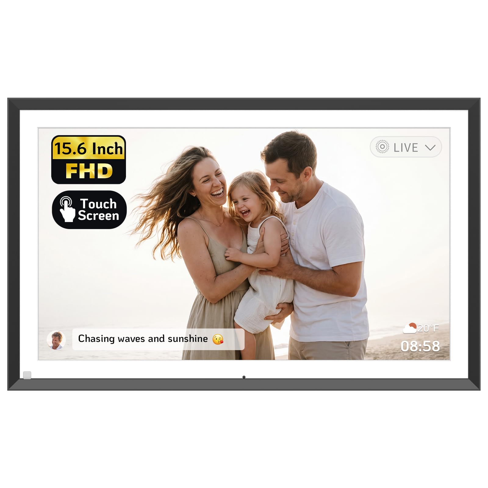 15.6 Inch Touchscreen Digital Picture Frame 64GB, WiFi Digital Photo Frame FHD, Add Photos from Google Photos, Share Photos/Videos via App/USB, Gifts for Birthday/Mom/Grandparents, Black