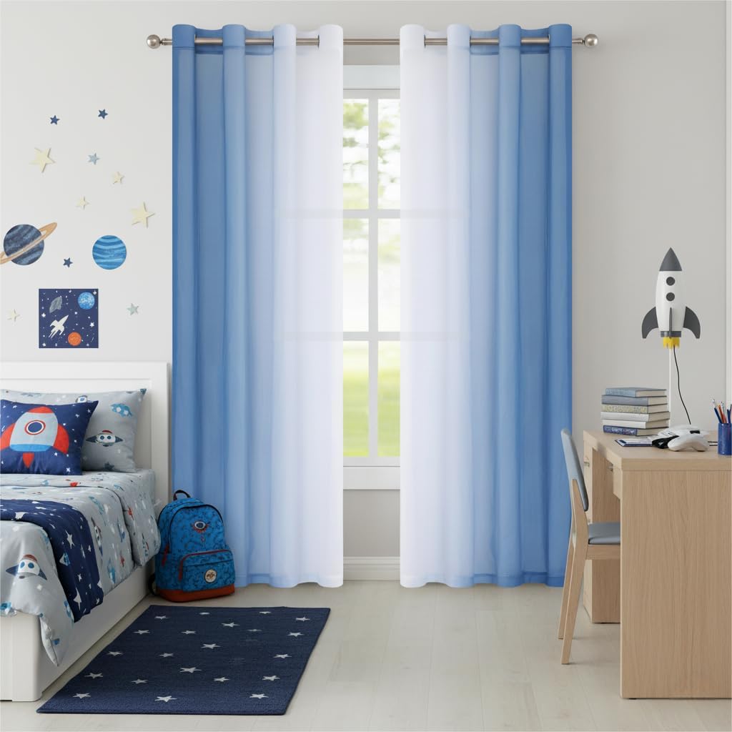 Purainbow Blue Ombre Chiffon Sheer Curtains 84 Inch Long for Living Room Bedroom Decor, Crinkle Gradient Semi Voile Grommet Top Window Curtain Drapes for Girls Room, Garden, Yard, Set of 2 Panels