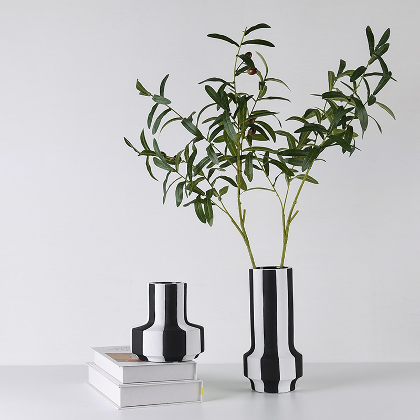 Wazon ceramiczny Czarno-biały wazon w paski z szerokim otworem Wazon matowy na trawę pampasową, stoły, półki, regały, kominki i przedpokoje,Panda a
