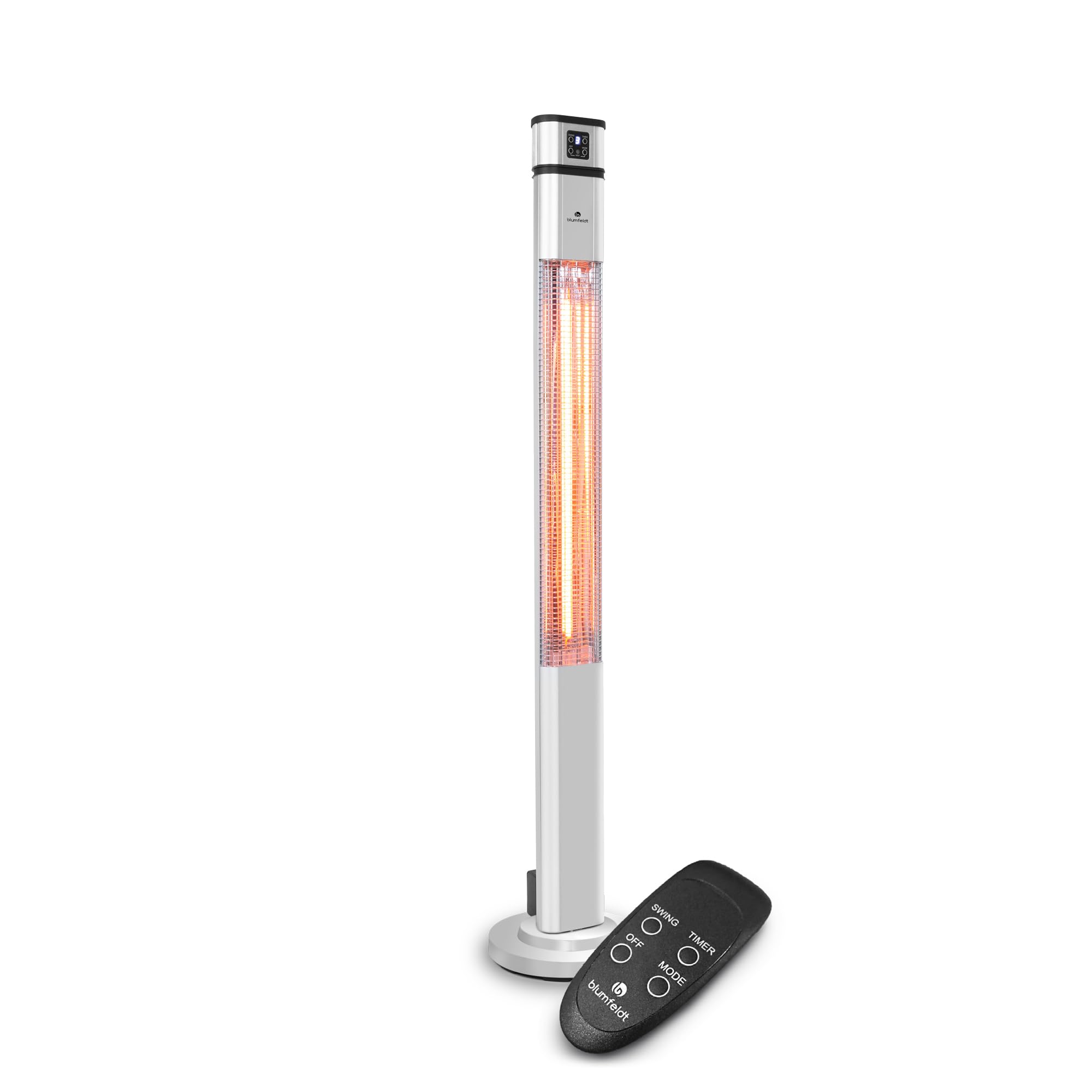 blumfeldt Heat Guru Plus Standheizstrahler - Stand Heizstrahler mit 2000 W Leistung, 3 Heizstufen, Infrarotstrahler mit Timer, 60° Oszillation, Carbon-Heizelement, Fernbedienung, Edelstahl, Silber