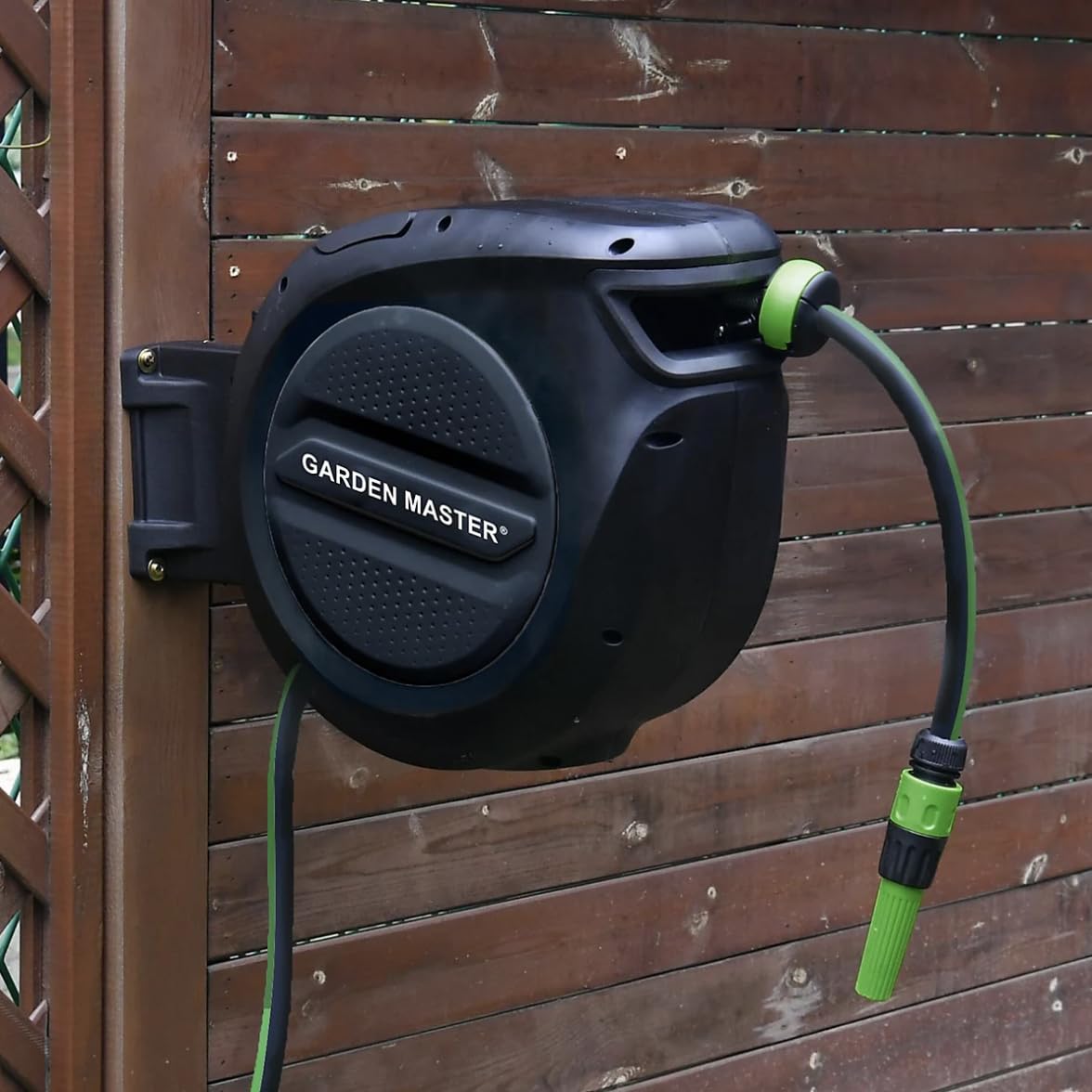 Garden Master Black Retractable Auto Reel Wall Mounted Hose | Easy To Install | Auto-Rewind | Spray Nozzle | 2M Wall Mounted | 180° Swivel Bracket | Any Length Lock | & Green (30M)