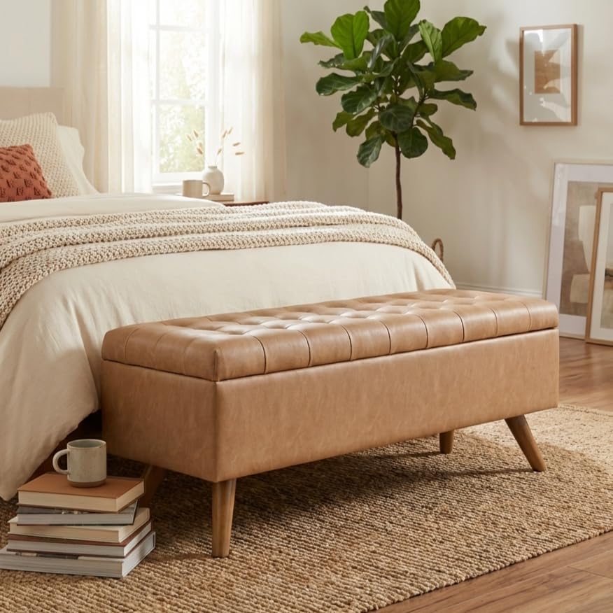 Image of HomePop 48 inch Modern Tufted Storage Bench - Sand Faux Leather