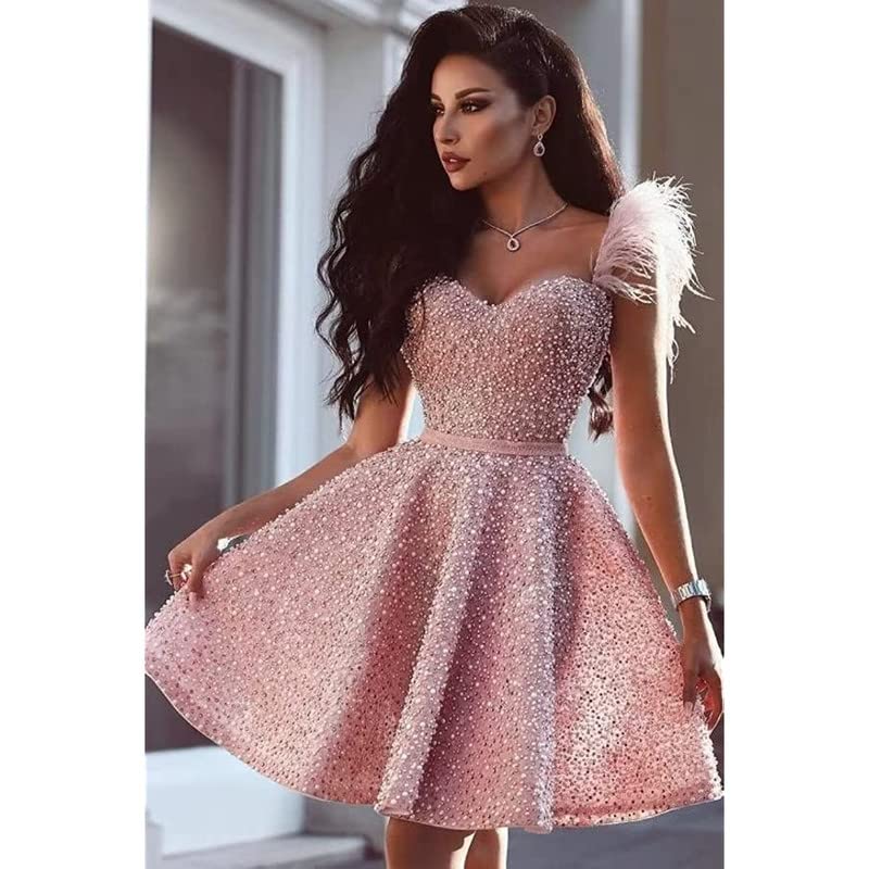 Homecoming Dresses for Teens Short Ball Gown for Girls Pearl Beaded Feather Sequin Short Cocktail Party Dress4