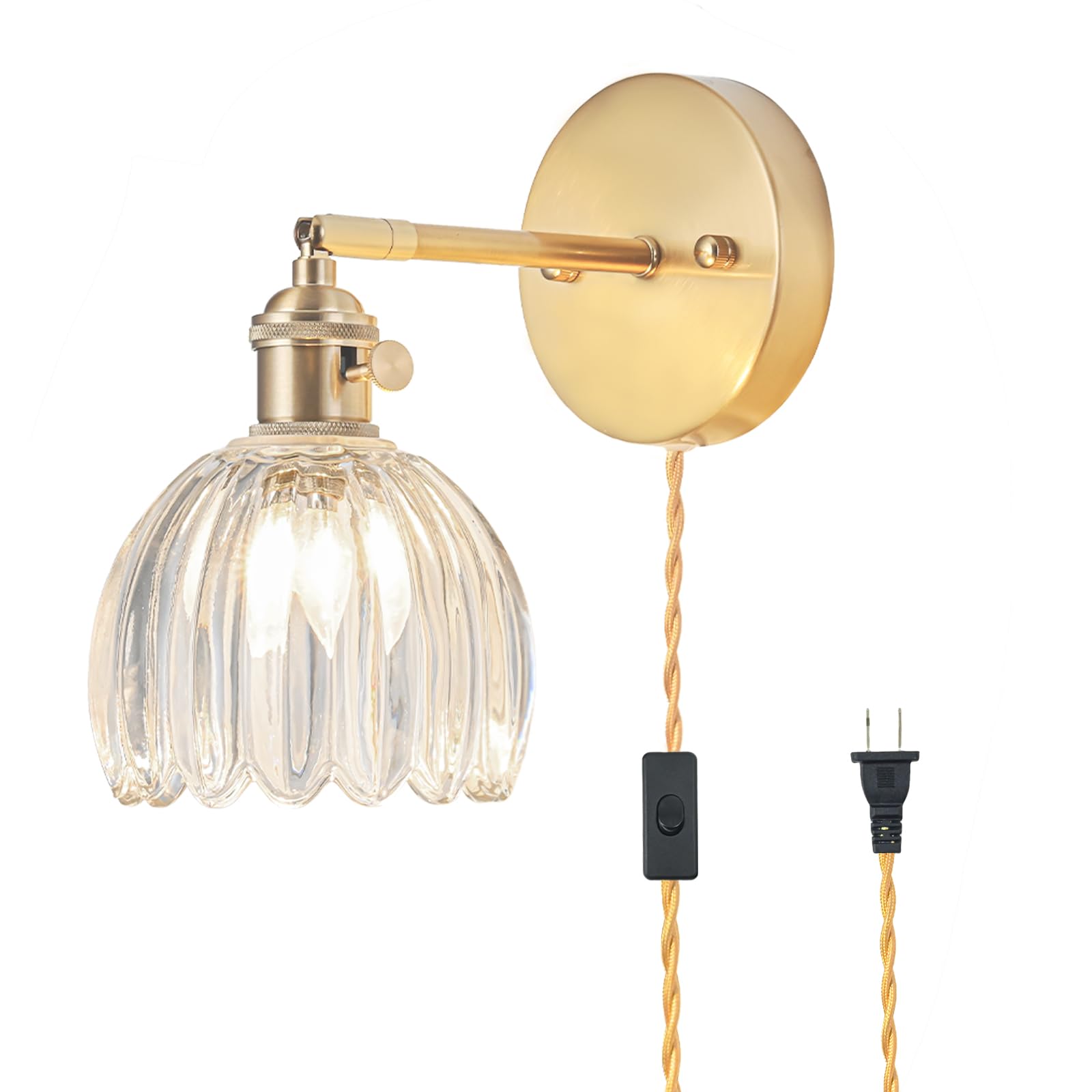 LINSEEDS Plug in Wall Sconce, Vintage Sconce Light with Tulip Transparent Glass Lampshade, Bedside Wall Sconce with Switch and Plug in Wall Lamp Cord, Gold Wall Light for Bedroom