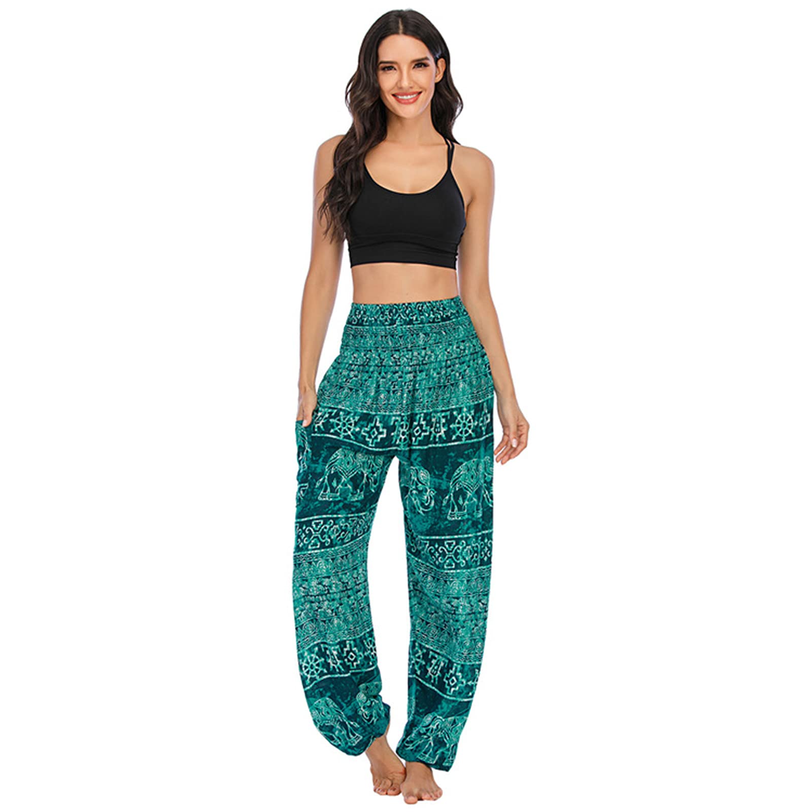 kewing Harem Pants for Womens Hippie Boho Yoga Trousers with Elephant Pattern- High Waisted Baggy Trousers Thai Yoga Pants