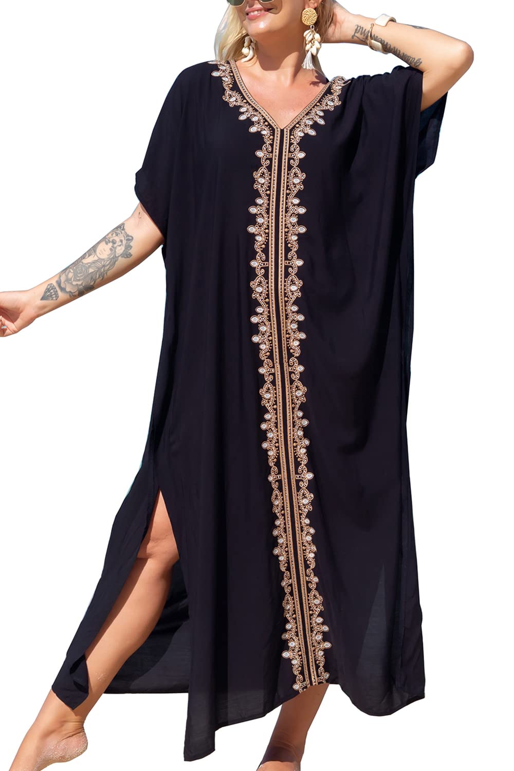 YouKDSummer Cotton Embroidered Floral Loose Caftan Boho Beach Bikini Cover Up Dress Plus Size Robe for Women