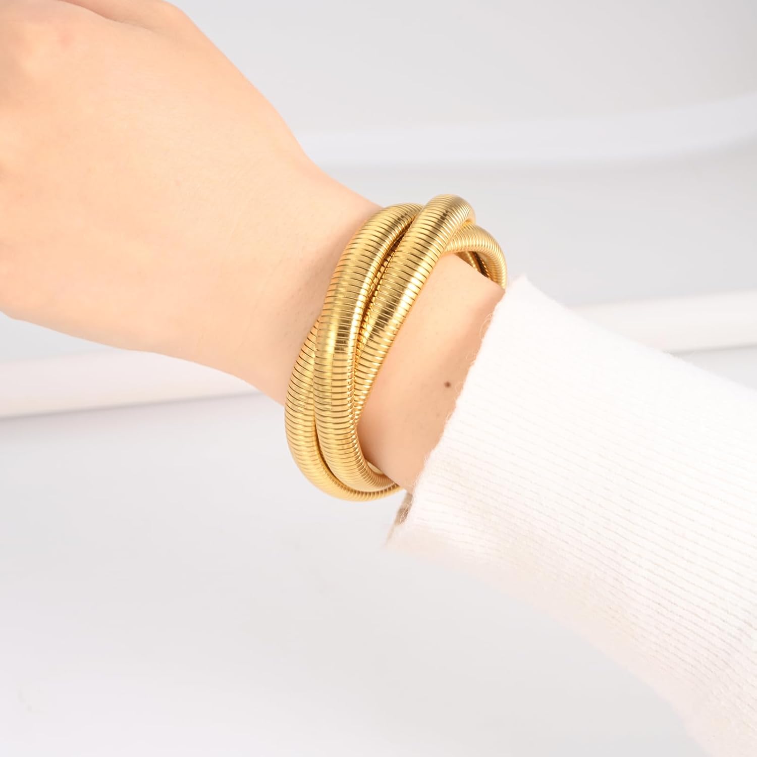 Gold Bangle Bracelet for Women Chunky Stretch Snake Chain Bracelet 18K Gold Plated Stainless Steel Bracelet for Women Gold Wrap Bracelet Flexible Wide Wristband Bangle Non Tarnish - Image 3