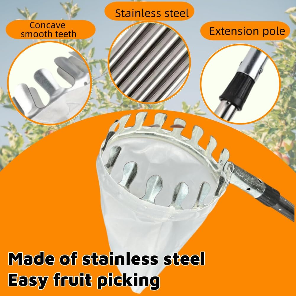 Raccoglitore per Mele con Manico Telescopico,Raccogli Frutta con Manico Telescopico,Raccoglitrice di Fruttai,Raccogli Frutta con Palo In Acciaio Inox Leggero,Raccogli Frutta Telescopico