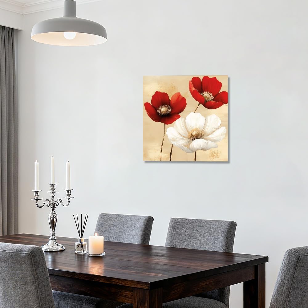 ZQQART Red Poppy Canvas Wall Art Vintage White Poppies Flower Picture Brown Floral Painting Prints Rustic Decor for Living Room Bedroom Frame (brown,12" Wx12 L)