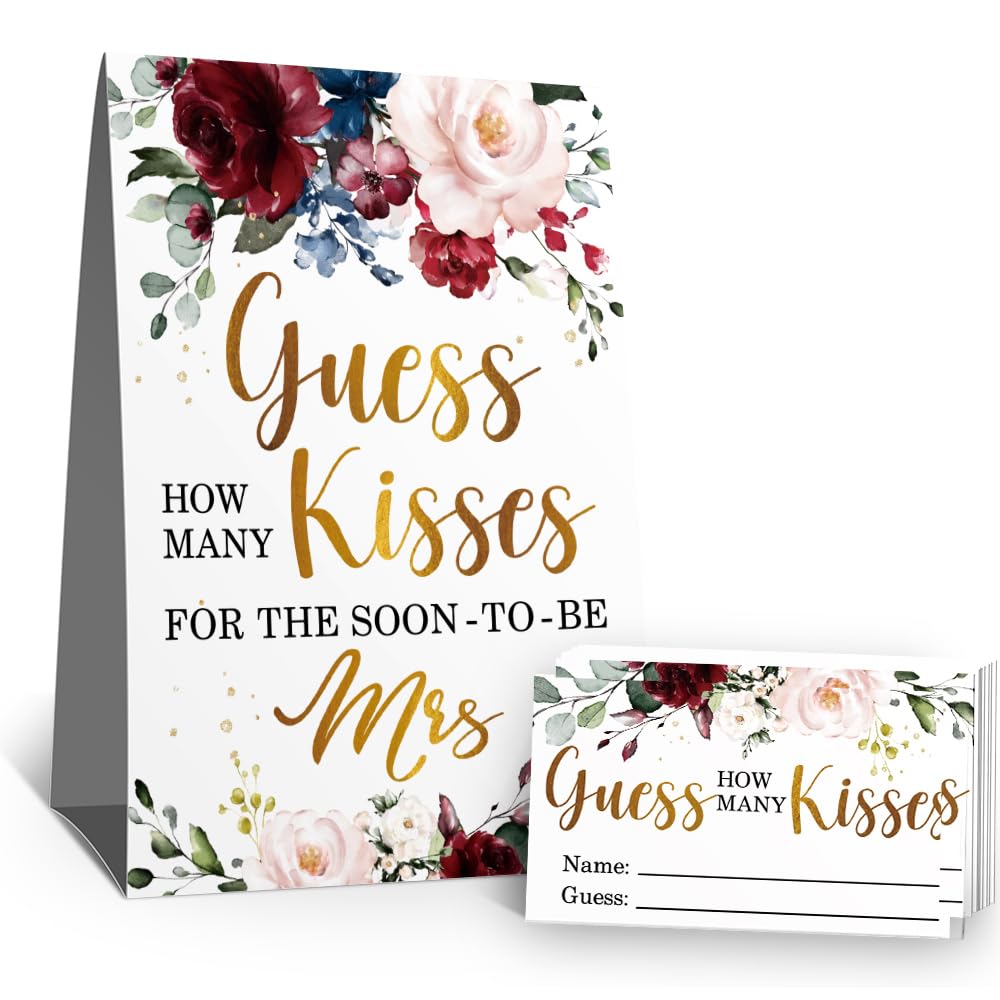 Kisses Guessing Bridal Shower Party Game Raffle Cards Kit(1 Standing Sign-50 Guessing Cards) Pink Red Floral Girl Bridal Shower Party Game Cards Bridal Party Decorations Raffle Insert Ticket-8