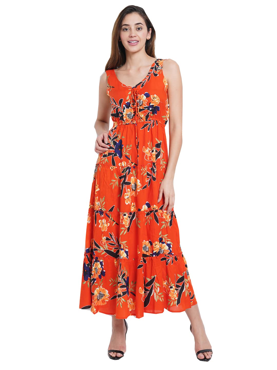 9 Impression Red Floral Print Tie-Up Neck Maxi Dress