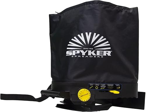 Spyker Esparcidor de semillas de bolsa de 25 libras con ventana de visualización de materiales y sistema de calibración fácil, negro (BCS25)