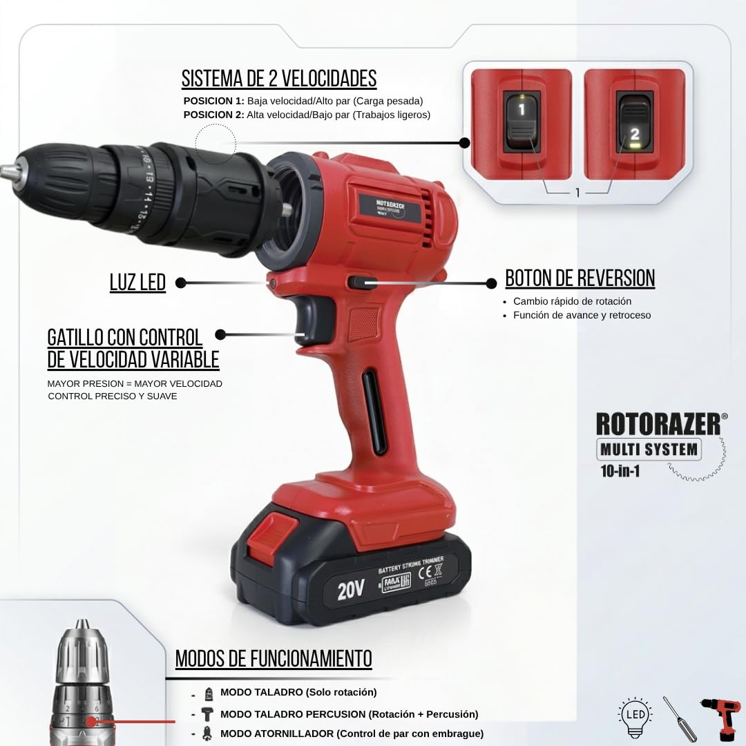 Rotorazer Multi System 10 en 1 - Multiherramienta Inalámbrica 20V: Taladro Percutor, Sierra de Calar, Amoladora, Lijadora y Oscilante | Kit Completo con Maletín y Batería 1500mAh