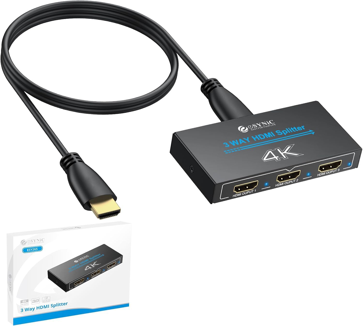 eSynic 4K HDMI Splitter Verteiler 1 in 3 Out – Metallgehäuse, HDCP 1.4, Dolby/DTS Unterstützung, 3D Kompatibilität, für PS4, Laptop, Blu-ray, HDTV – Nur Spiegelmodus, kein Erweiterungsmodus