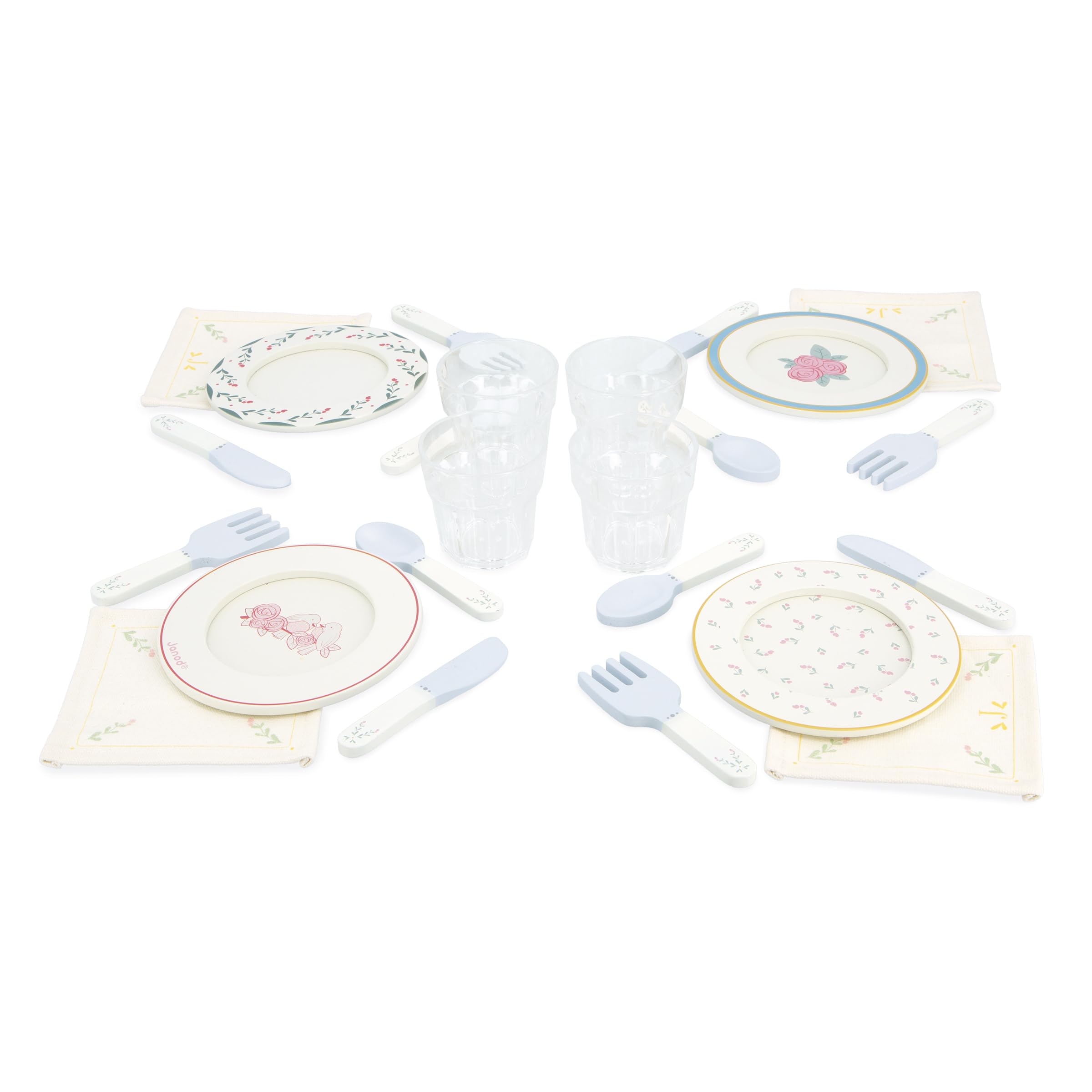 Janod Juego de Comedor de Madera - Kit de Picnic Infantil - para 4 Personas - 25 Piezas - Juego de Cartón - óptimo Accesorios de Cocina Infantil - Desarrolla la Imaginación - A Partir de 3 años