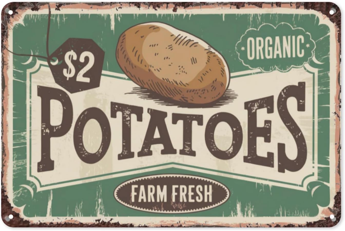 SMAZDFXX Potatoes Farm Fresh Organic Food Vintage Tin Sign, Retro Metal Wall Decor for Kitchen, Farmhouse, or Garden, Rustic Potato Theme Wall Art Poster for Food Lovers 5.5"x8"