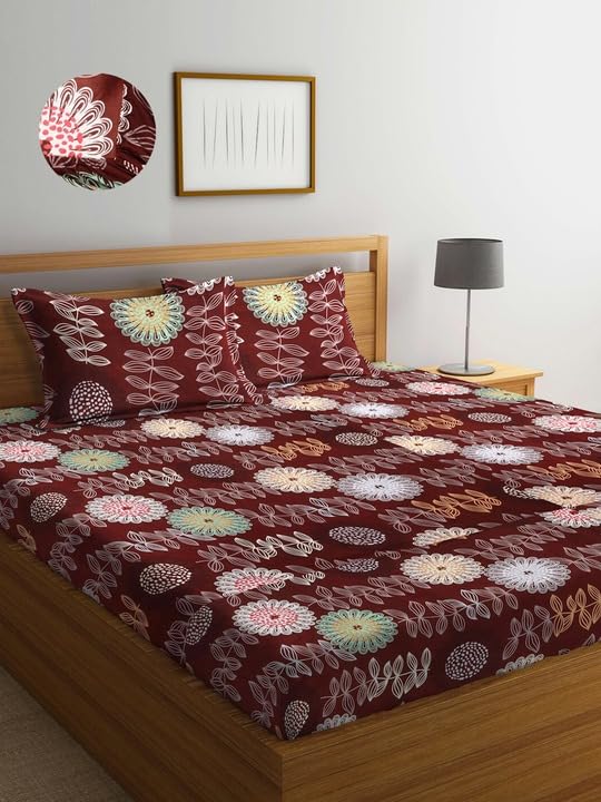 DECOMIZER Cotton Feel Glace Cotton Elastic Fitted Printed King Size Double Bed Bedsheet with 2 Pillow Coverm Fits Upto 8 inches Mattress,Size- 72x78x10 Inches,Coffee Circle