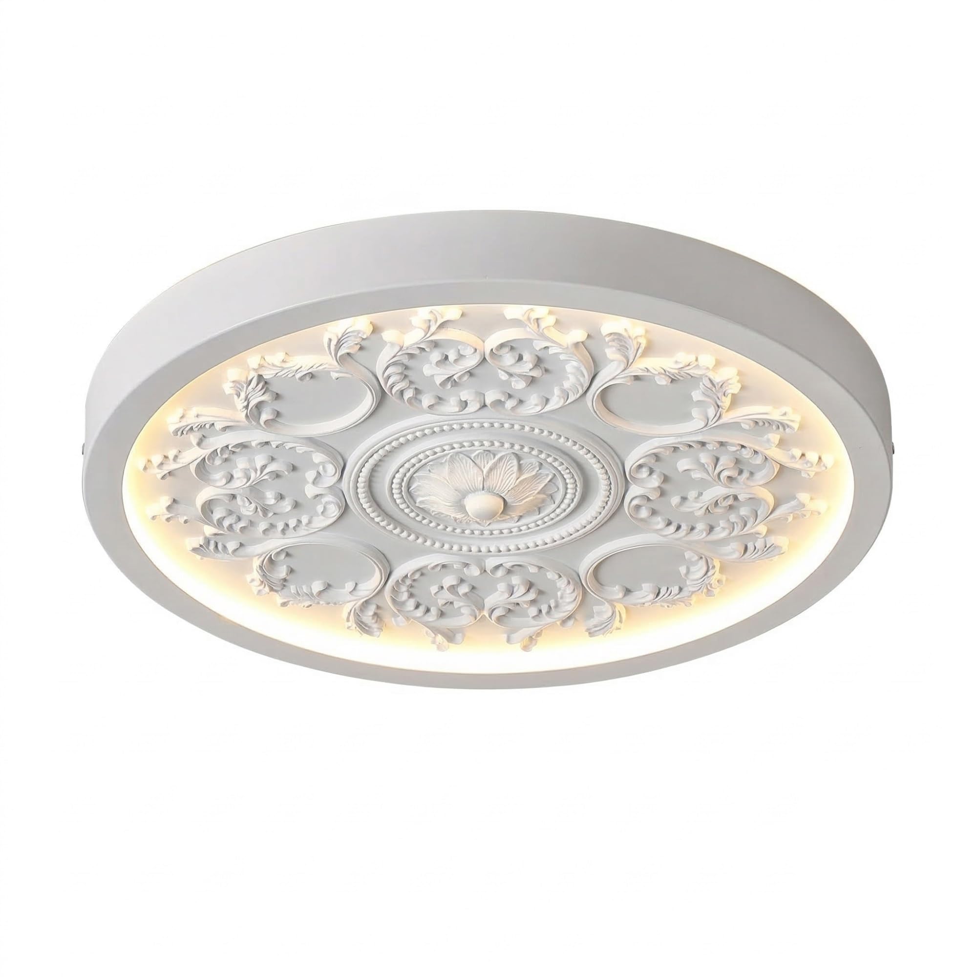 NHPJFDC Carved Resin Flush Mount Ceiling Light, French Relief Ceiling Lamp, Cream Floral Round Fixture for Bedroom, Living Room, Study Room, Hallway, Apartment Foyer, Condo Residential(White,Small)