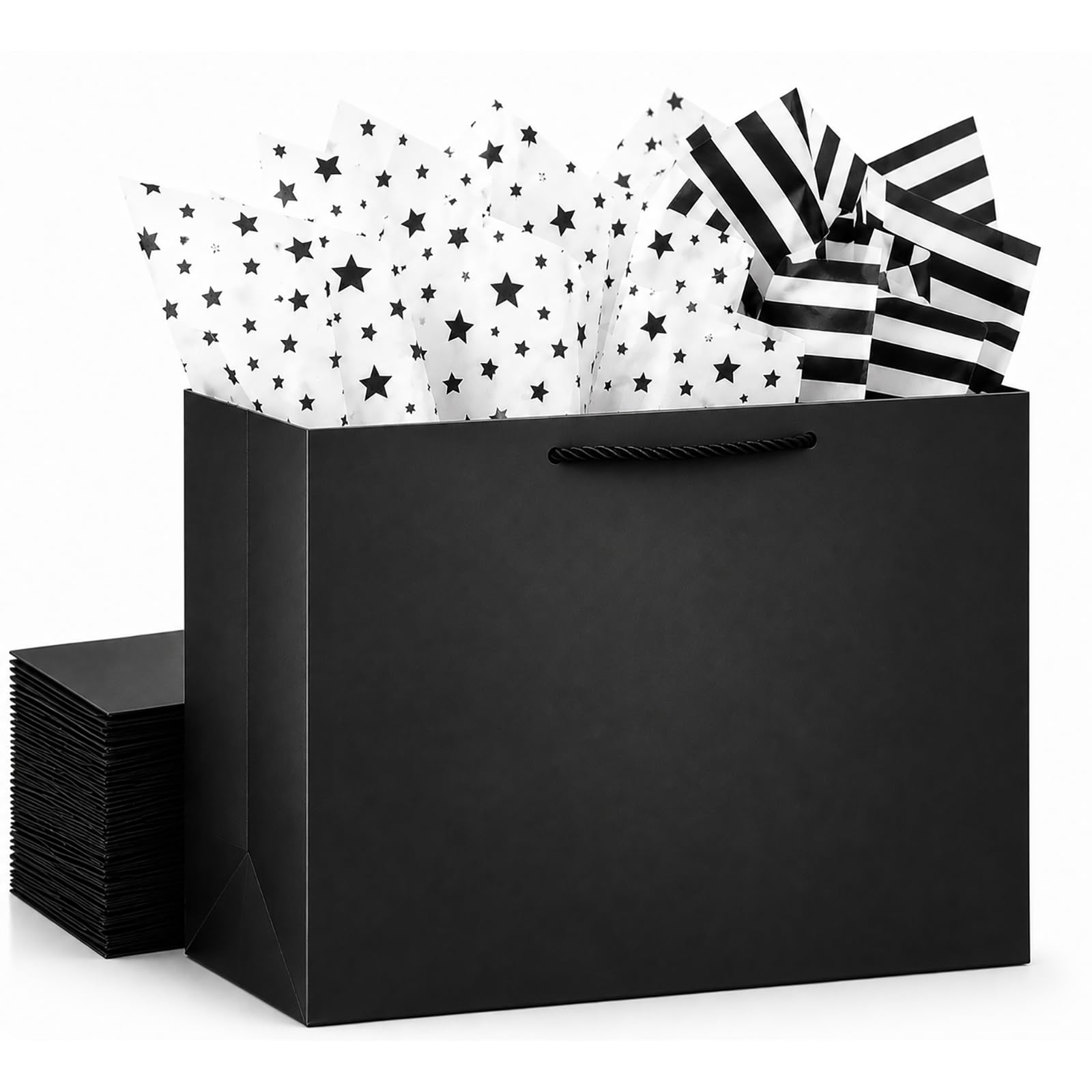 OfficeCastle Set of 10 Extra Large Black Gift Bags with Tissue Paper, 16" L x 6" W x 12" H, Gift Bags for Small Businesses, Pre-Wedding Parties, Weddings, Christmas