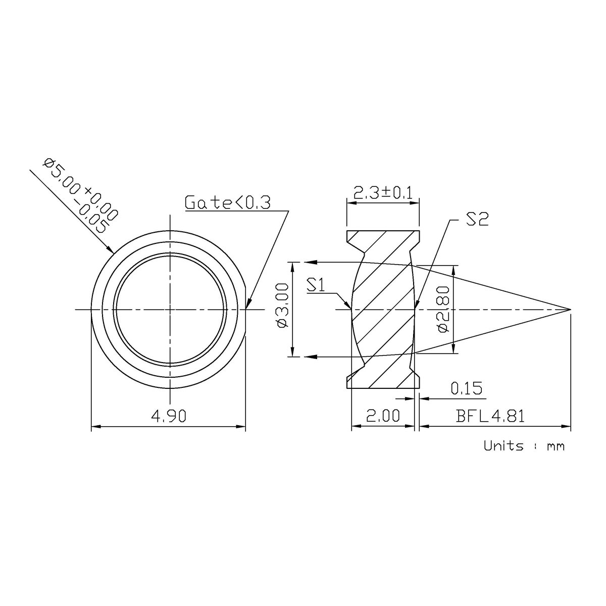 Quarton CAY049 Laser Diode Collimator Lens - Ø5 Aspherical Plastic Lens (NA:0.27, EFL:4.96 mm), 10 PCS