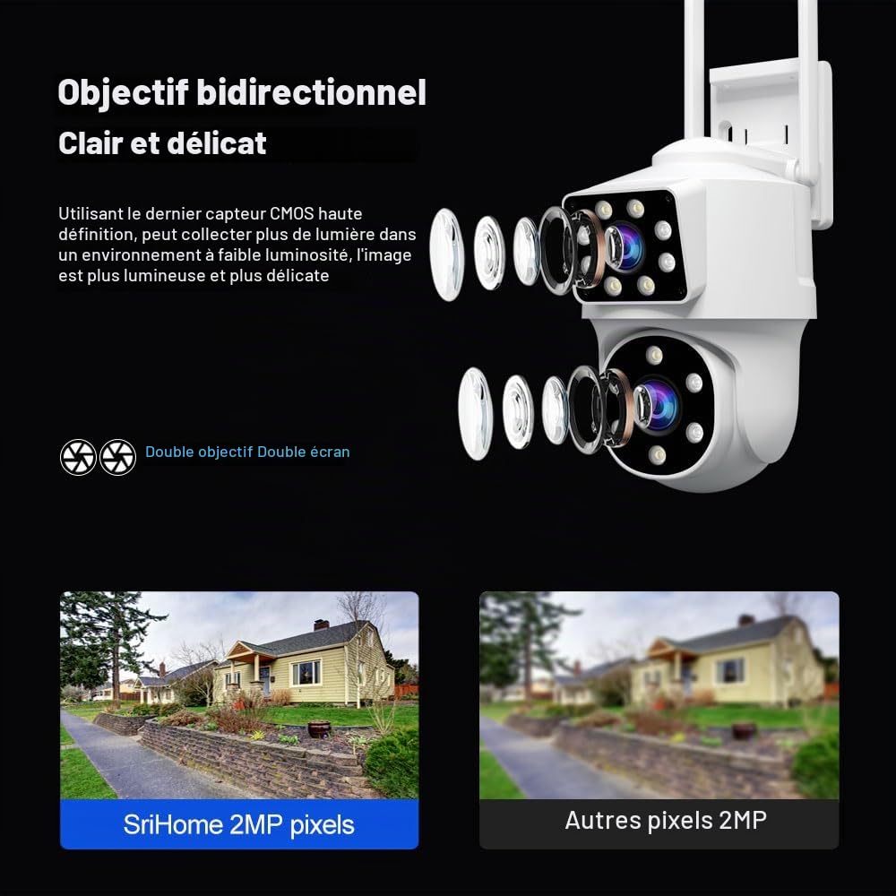 SRIHOME 2 * 2MP Caméras de Surveillance extérieures, 2.4GHz Bullet-PTZ Double Objectif, Détection Humaine, Vision Nocturne en Couleurs, Audio bidirectionnel, Stockage Local SD, IP66 (1)