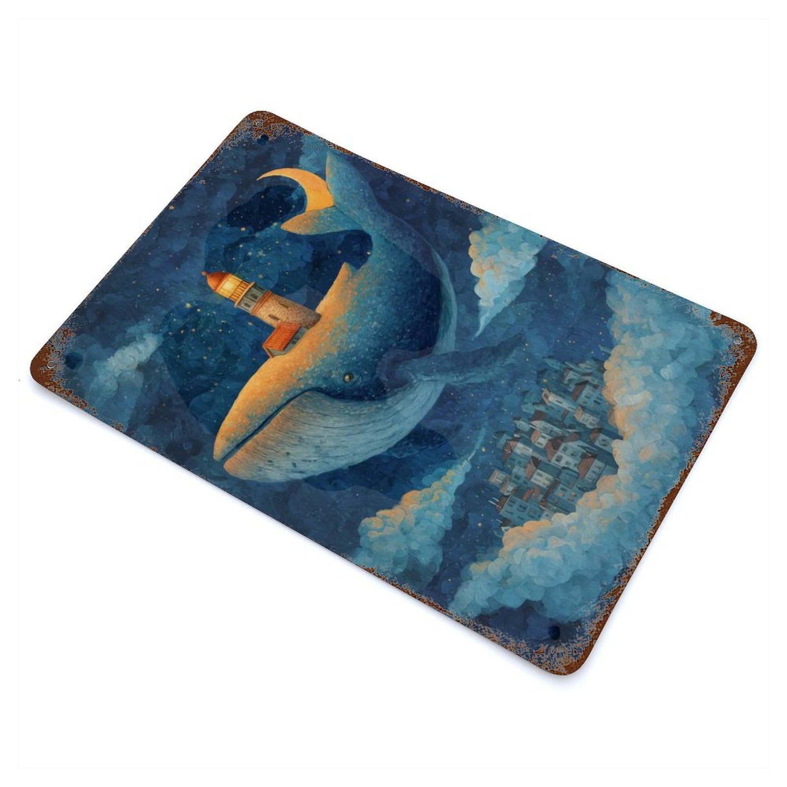 Whale Lighthouse Aged Metal Wall Plaque 11.8"x7.9", Old School Wall Decor for Garage, Pub Or Kitchen