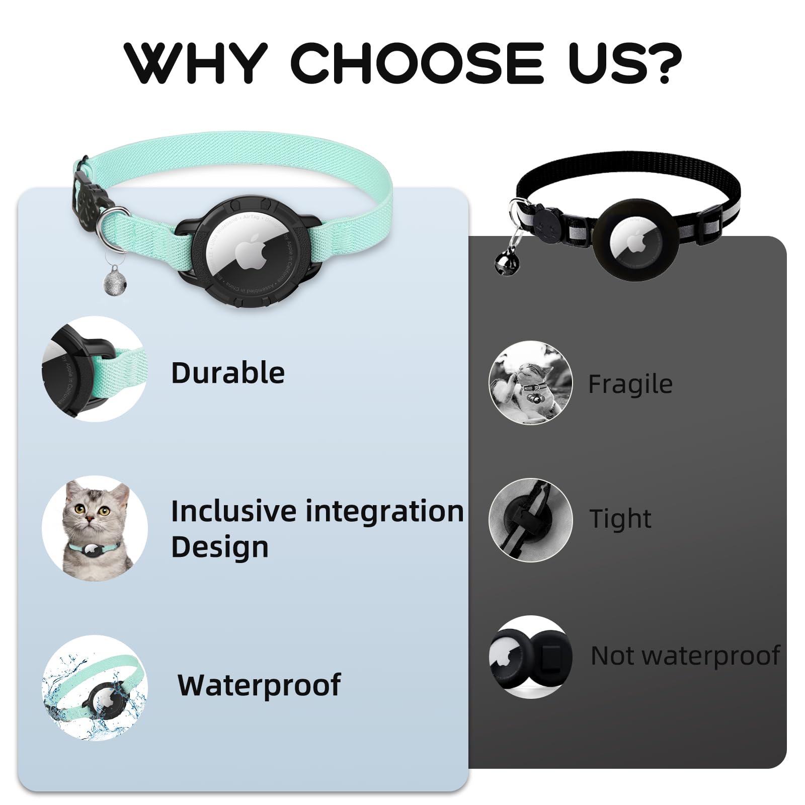 AirTag Katzenhalsband, sucegi dehnbares Kätzchenhalsband mit Apple-Airtag-Halterung und Glocke, Breakaway-Design, ultraelastisches GPS-Tracking, Katzenhalsbänder für Katzen und Welpen, (19,1 - 32,5 cm