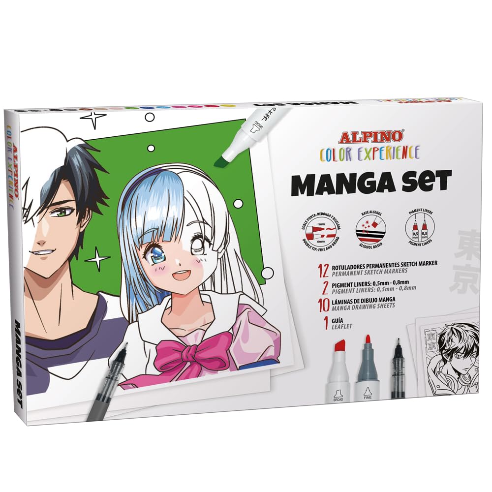 Set de iniciación al manga | Incluye: 12 rotuladores Sketch Marker doble punta color experience, 2 fineliners pigmentados de 0,5 y 0,8 mm, 10 láminas Manga y una guía para pintar manga paso a paso.