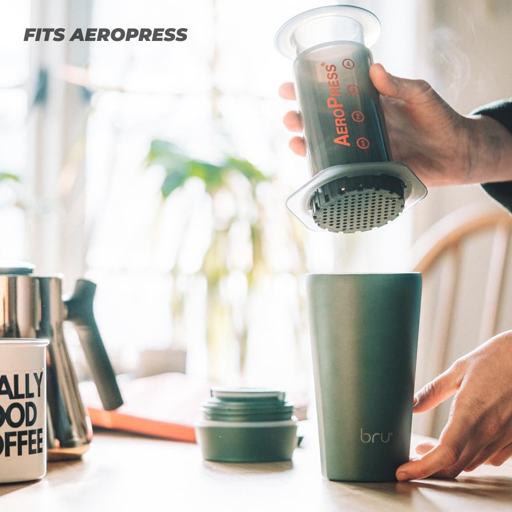 bru Travel - Insulated Coffee Cup Travel Mug for Hot Drinks, Leakproof, Ceramic Lined (16 oz, Aranya Green)