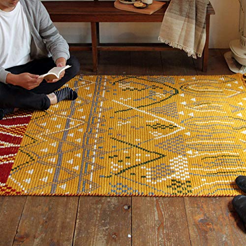 萩原 ラグ イエロー 約130×190cm 「クームース ガンター」 ウール100% 羊毛 手織り ノルディック エスニック