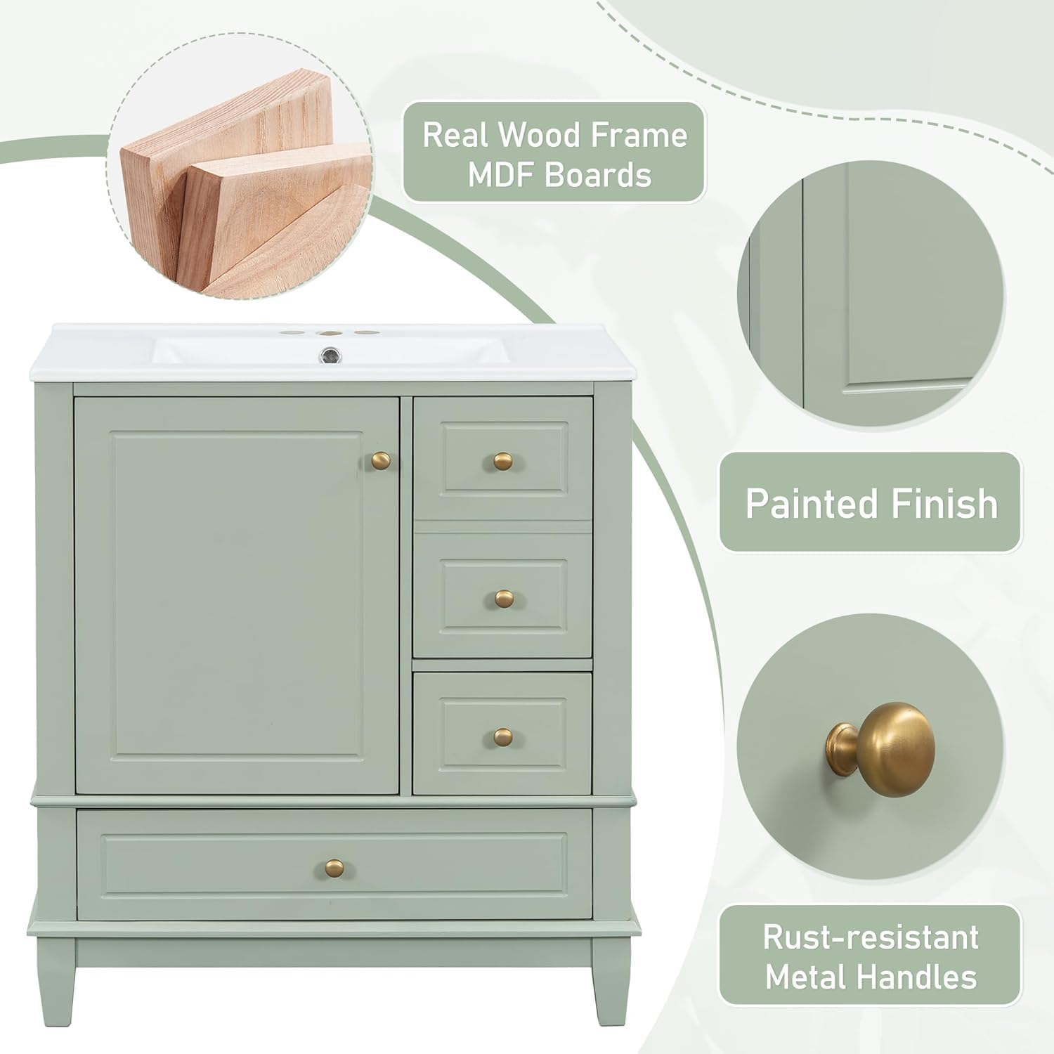 Linique 30" Bathroom Vanity with Sink Combo Set, Solid Wood Frame Bathroom Storage Cabinet with 3 Drawers, Soft Closing Cabinet Door with Organize, Light Green