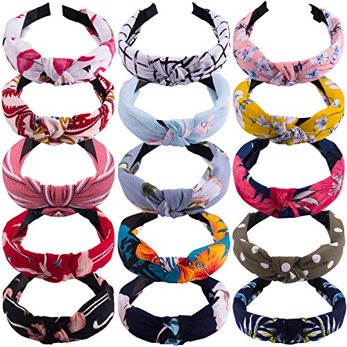 SIQUK  15 Pieces Headband with Twist Knot Wide Headbands Turban for Women and Girls, Multicoloured, M