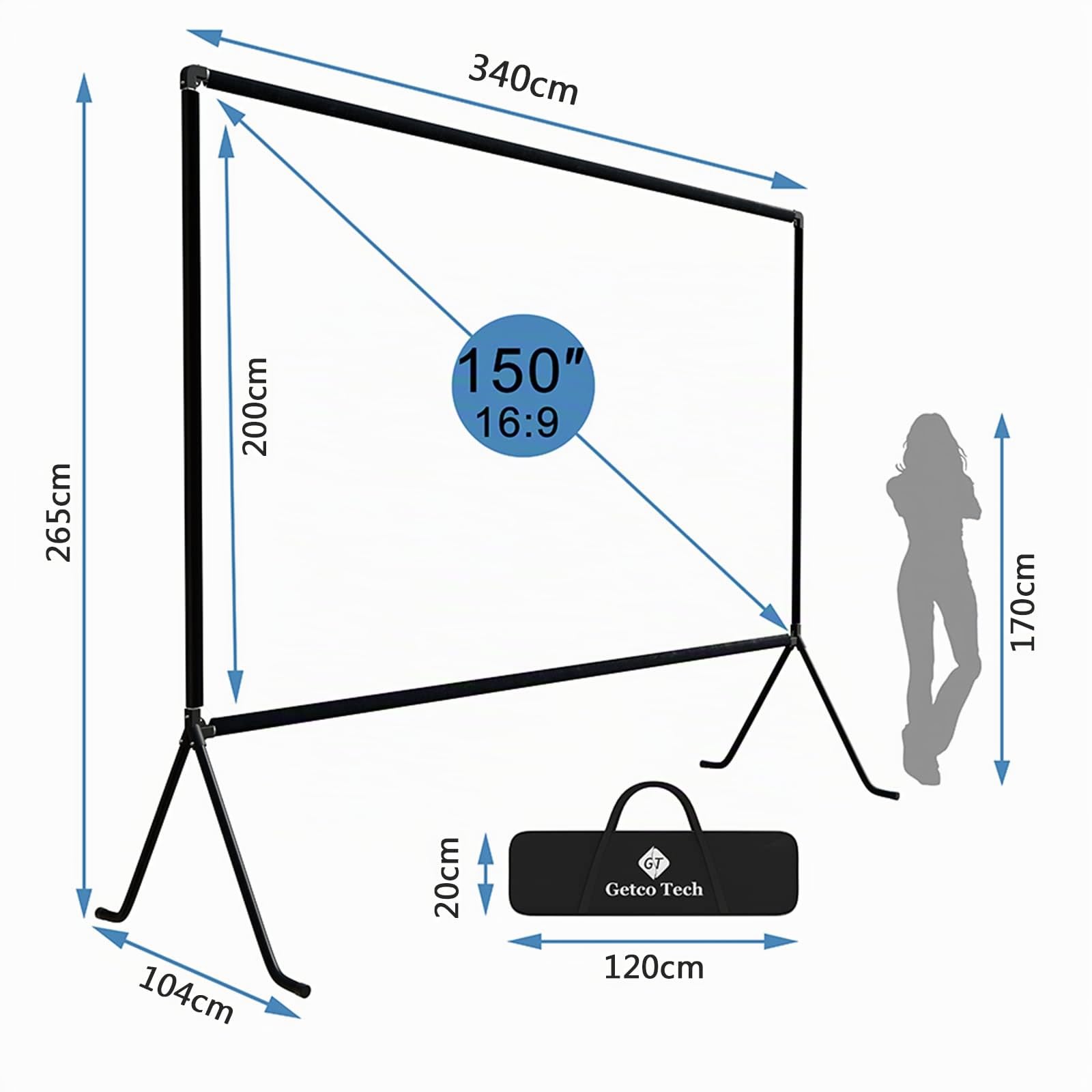 Écran de projection (150 pouces), projection toile avec support 16: 9 HD pliable intérieur/extérieur, écran de projection vidéo pour la maison, fête, bureau, salle de classe…