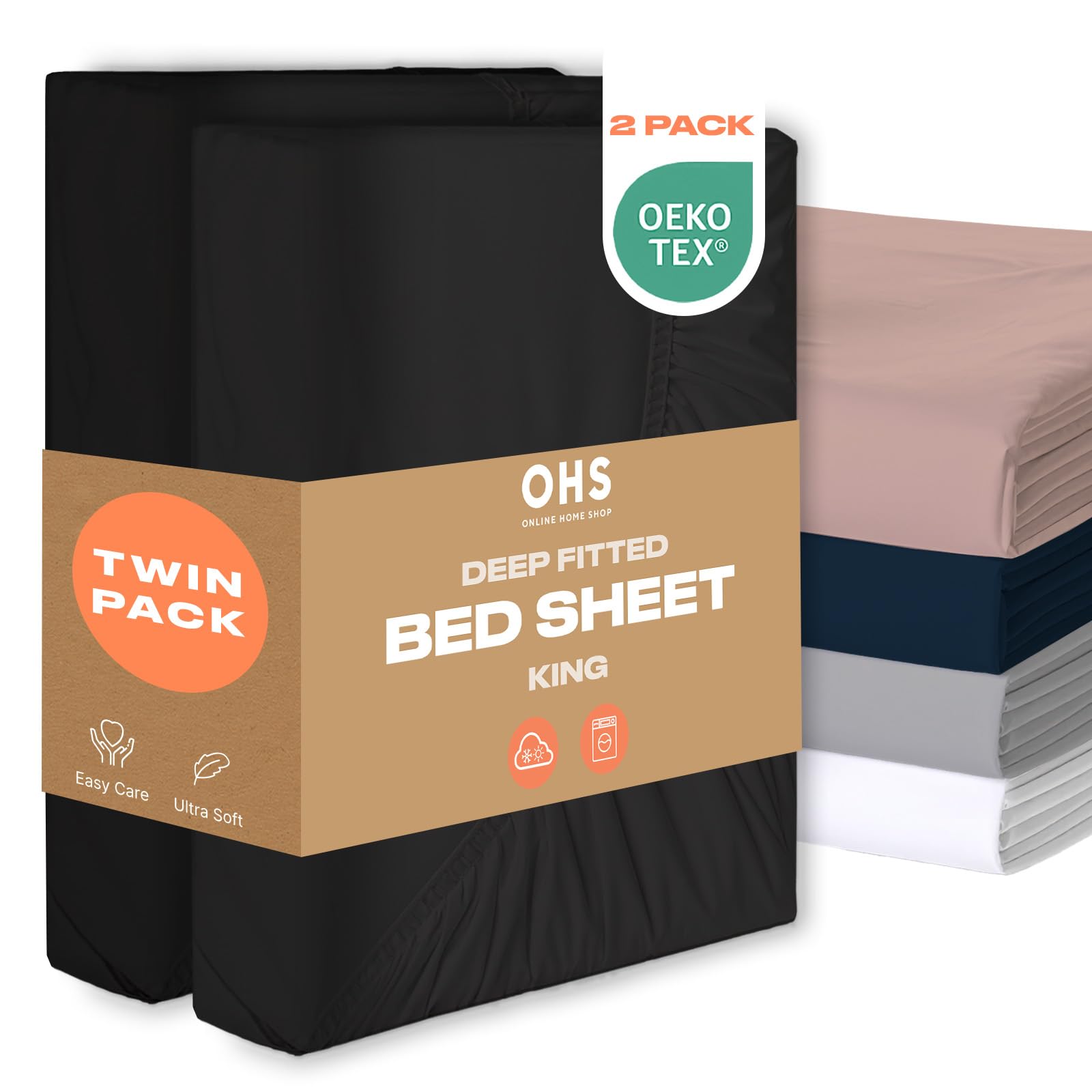 Brentfords Kingsize Fitted Bed Sheets Extra Deep 2 Pack, Microfibre Bedsheets Easy Care Ultra Soft Fade Resistant King Fitted Sheets Cover Bed Linen, Black Twin Pack โ image 1