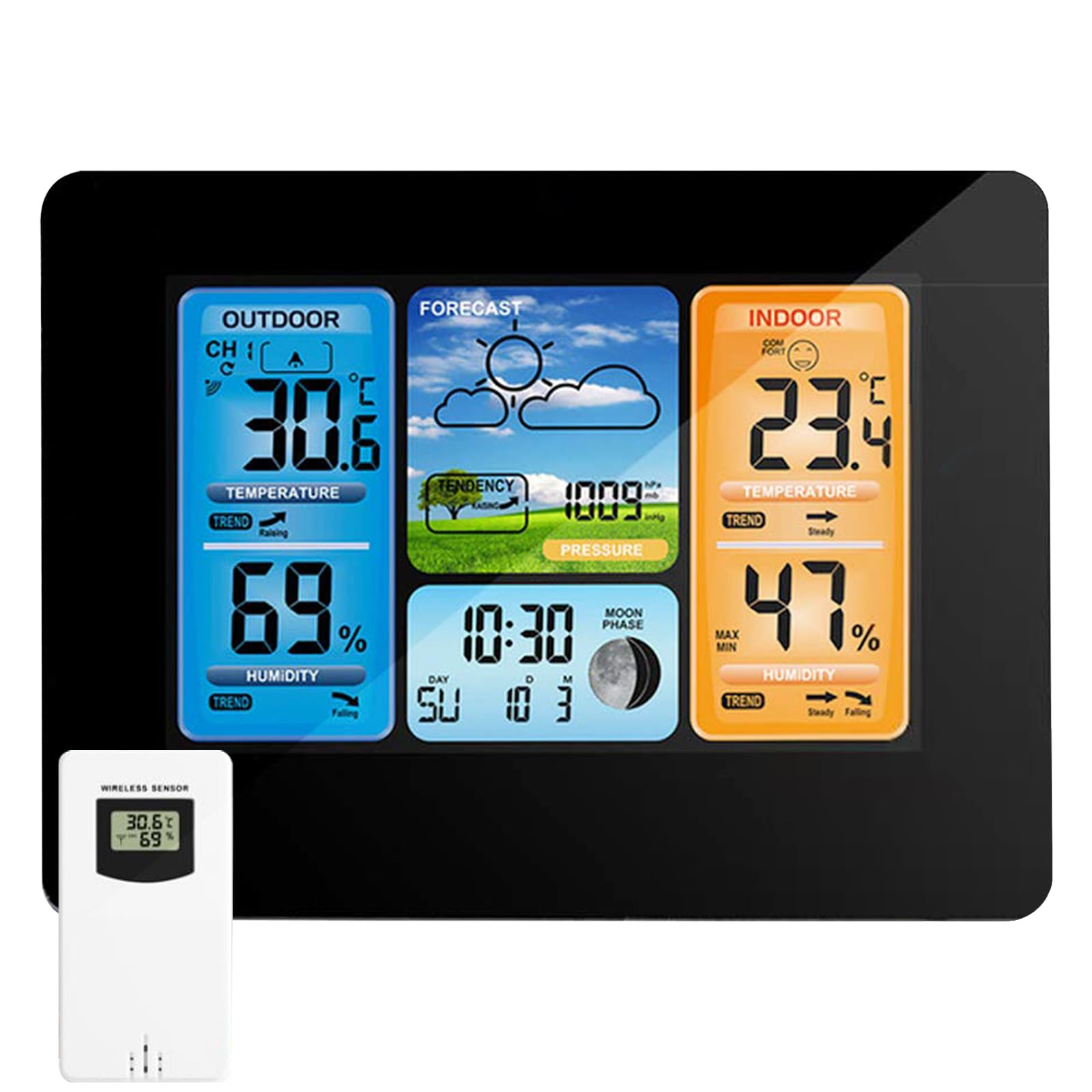 Binnan Stazione Meteorologica Wireless Termometro Interno ED Esterno Stazione Meteo Wireless Digital Colour Forecast Stazione Meteo, Orologio DCF, Display A Colori