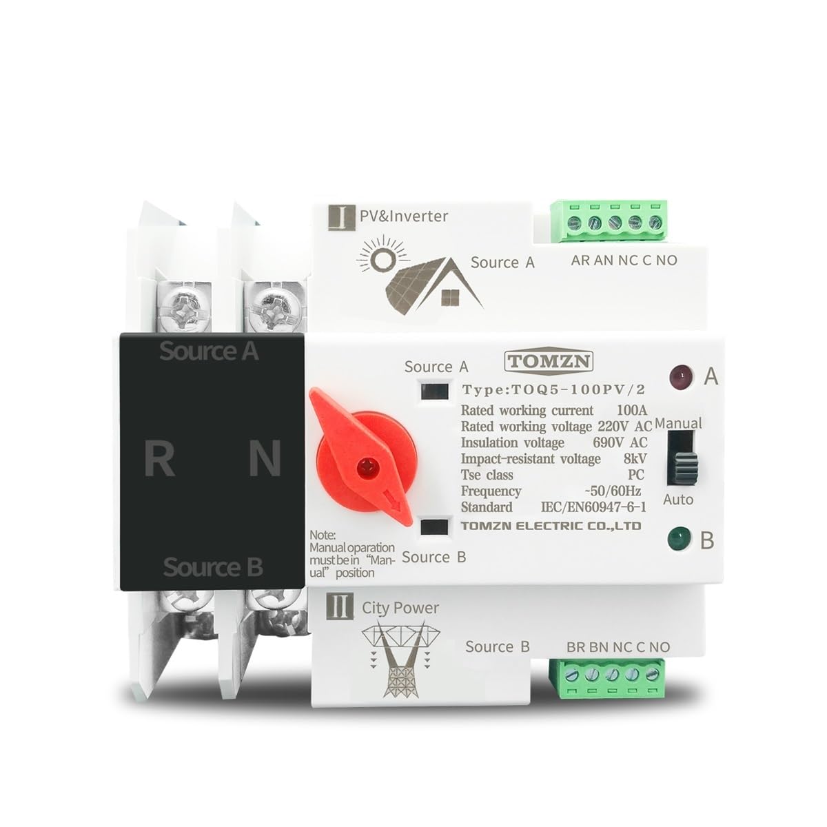 Interruttore Magnetotermico ATS su guida Din monofase for impianti fotovoltaici e inverter Selettori di trasferimento automatico a doppia alimentazione Ininterrotto 2P 63A 100A 125A Interruttore Magne