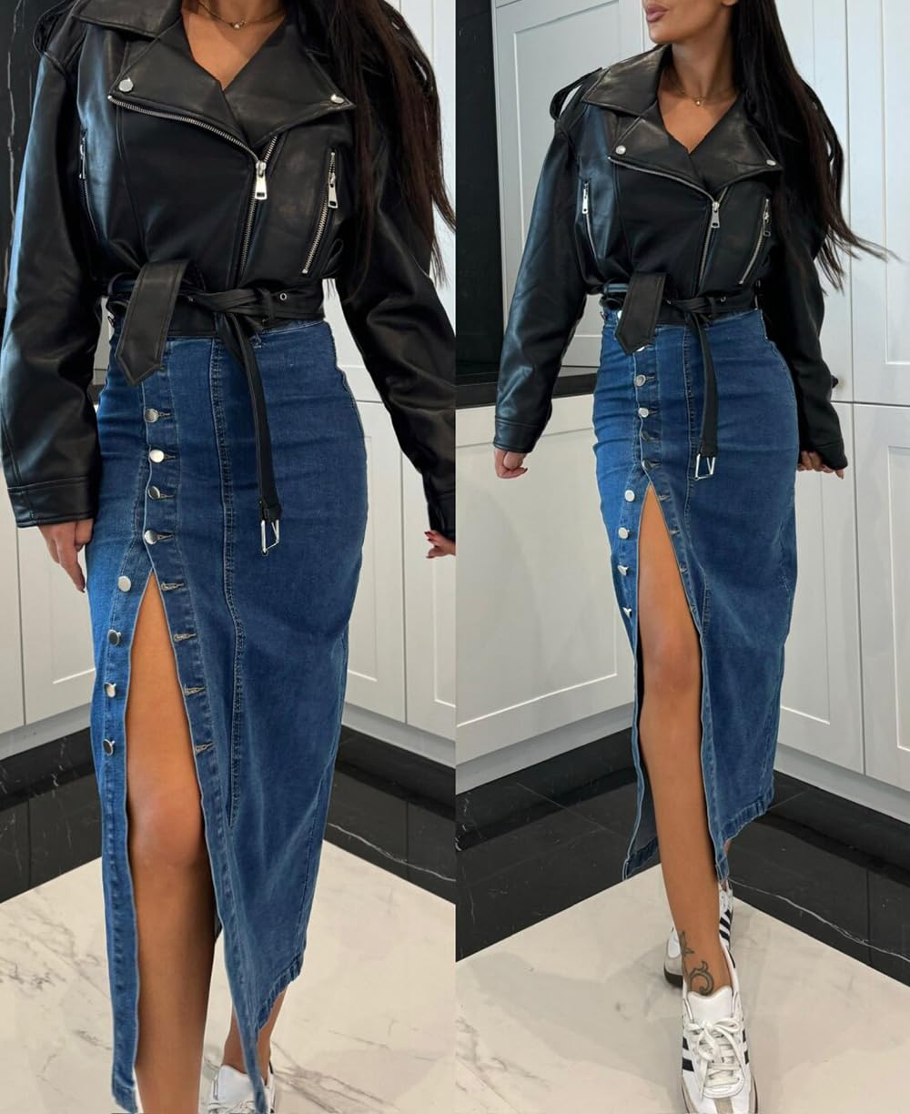 Genérico Falda Tubo Vaquera de Cintura Alta para Mujer, Falda elástica con Abertura Irregular y Botones, Ropa Casual Moderna y Sexy para la Calle