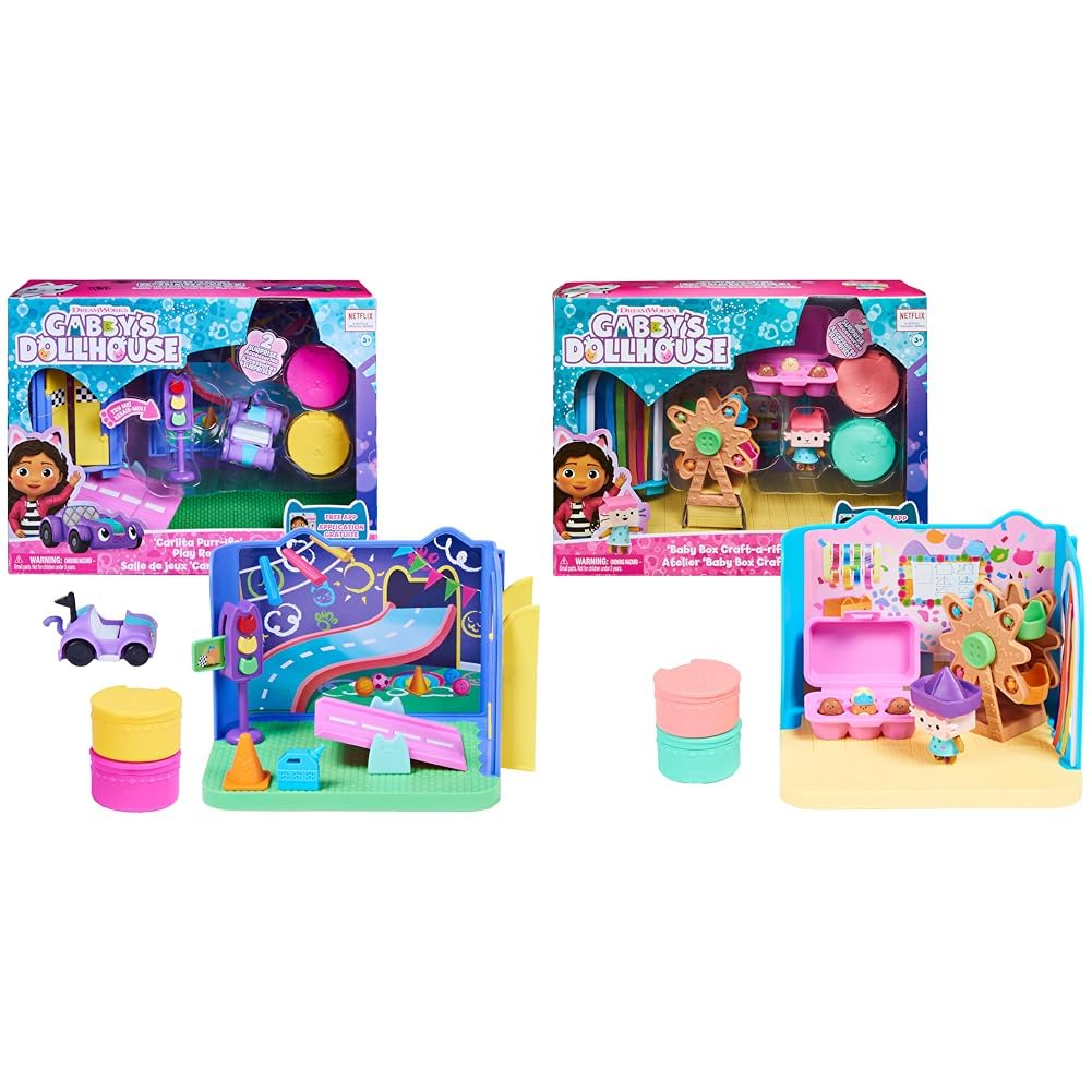 LA CASA DE MUÑECAS DE Gabby - Sala DE Juegos DE Carlita - Sala de Juegos felincreíble con el Coche & LA CASA DE MUÑECAS DE Gabby - Sala DE Manualidades BEBÉ Box con 1 Figura, 2 Accesorios