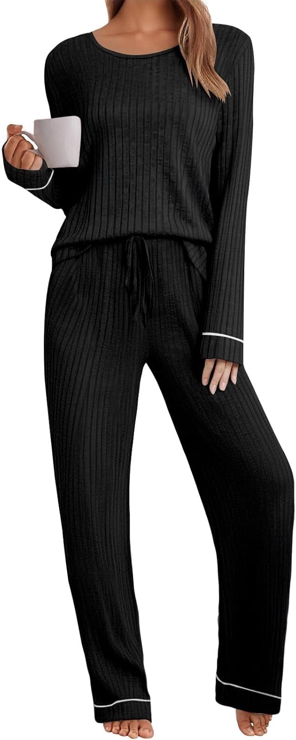 Leafsay Womens Pajama Set 2 Piece Long Sleeve Ribbed Lounge Sleepwear Matching Set Pjs Outfit with Pockets