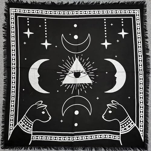 THE ART BOX Nappe d'Autel Cartes de Tarot Serviettes de Table Accessoires de Sorcellerie Nappe Carrée Vieux Païen Spirituel Céleste Nappe à Franges, Lune Argent, 60x60 cm Cover
