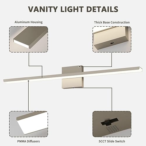 Miniatura 5 de JUSHENG Luces de tocador de níquel cepillado para accesorios de baño, 5CCT regulable, barra de luz LED de tocador para baño, 31.5 pulgadas, 32 W,