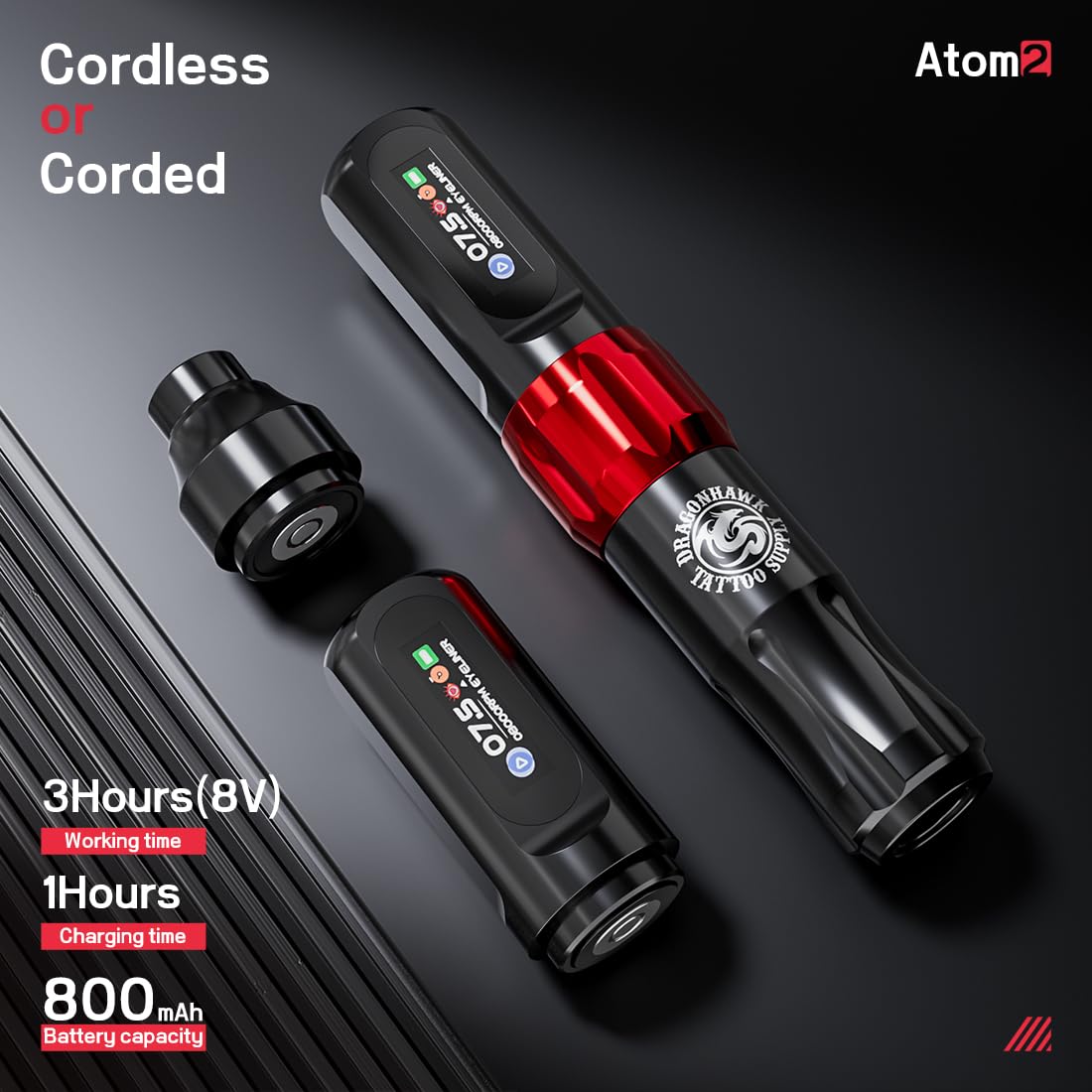 Dragonhawk Atom2 Tattoo Machine Rotary Tattoo Gun Microblading Pen 2.8mm Strokes Length 2pcs Batteries with Rca Jack for Eyebrow Eyeliner Lip (RED 1 BATTERY)
