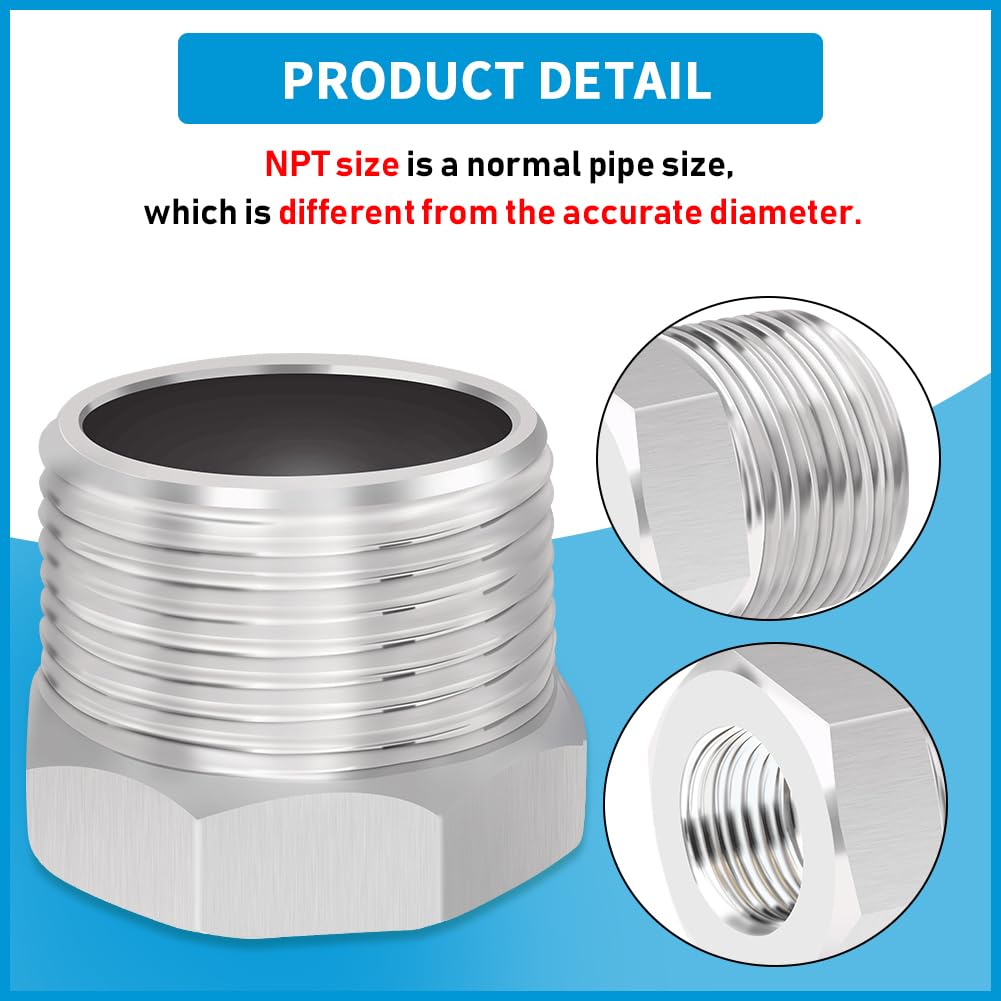 Quickun Stainless Steel Reducer Hex Bushing, 1" Male NPT to 3/4" Female NPT, Reducing Bushing Pipe Hose Fitting (Pack of 2)