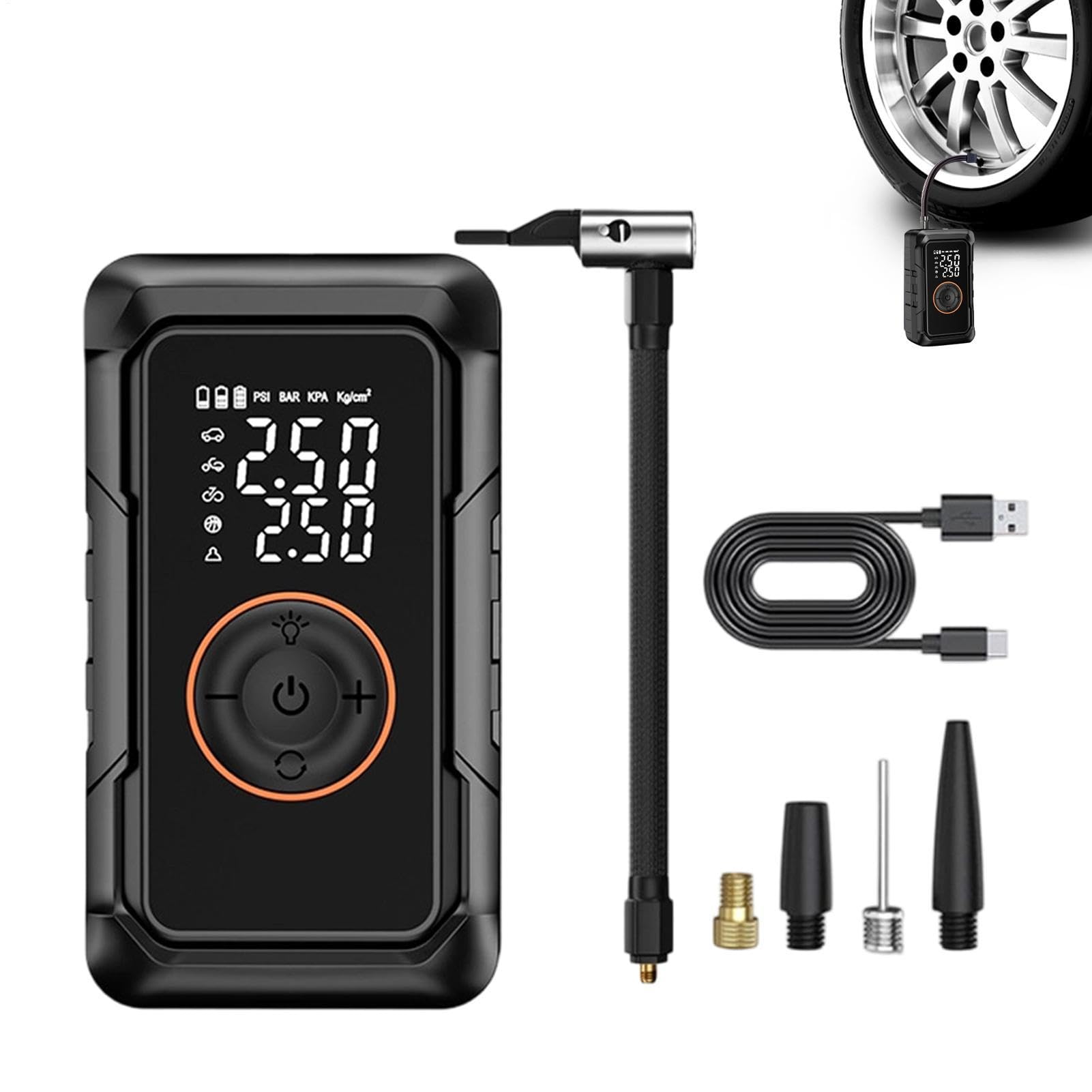 Bomba de aire portátil Compresor De Aire Inalámbrico Con Manómetro Digital | Inflador de neumáticos para bicicleta y coche para SUV camión remolque ATV patinete anillos hinchables y piscinas