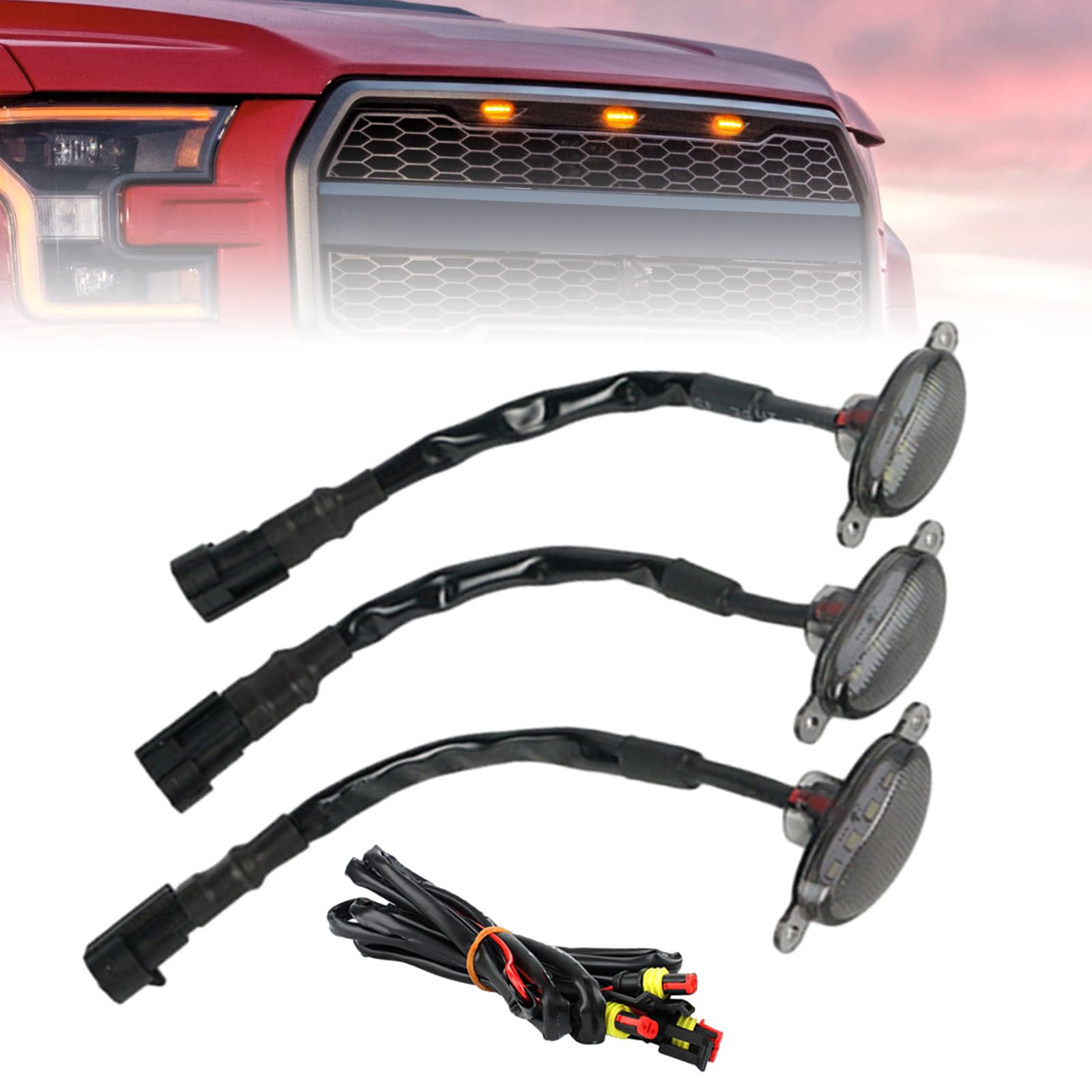 Riloer Zestaw świateł LED do kratki 12V w stylu Raptor, aftermarketowa kratka kompatybilna z kratką Ford F-150 Raptor Style 2004-2008, przyciemniana osłona/3 szt. bursztynowych świateł LED